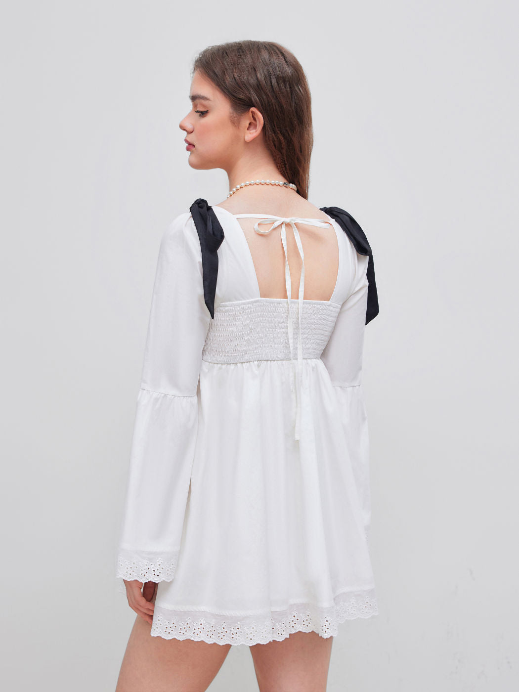 100% Cotton Square Neck Solid Broderie Anglaise Hem Knotted Mini Dress