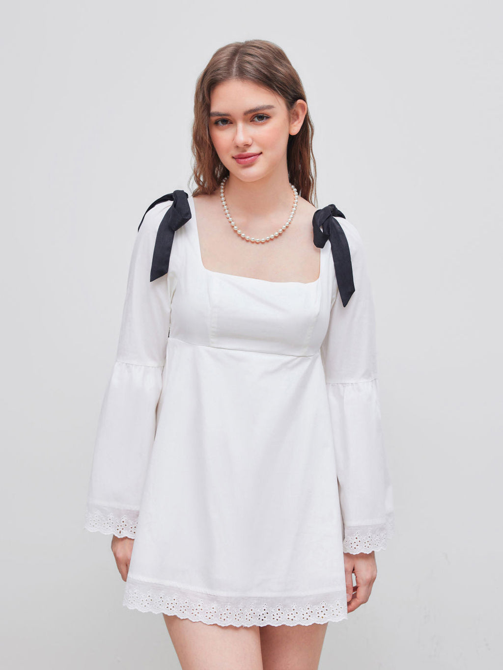 100% Cotton Square Neck Solid Broderie Anglaise Hem Knotted Mini Dress