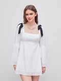 100% Cotton Square Neck Solid Broderie Anglaise Hem Knotted Mini Dress