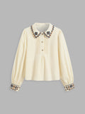 100% Cotton Collar Aztec Button Long Sleeve Blouse