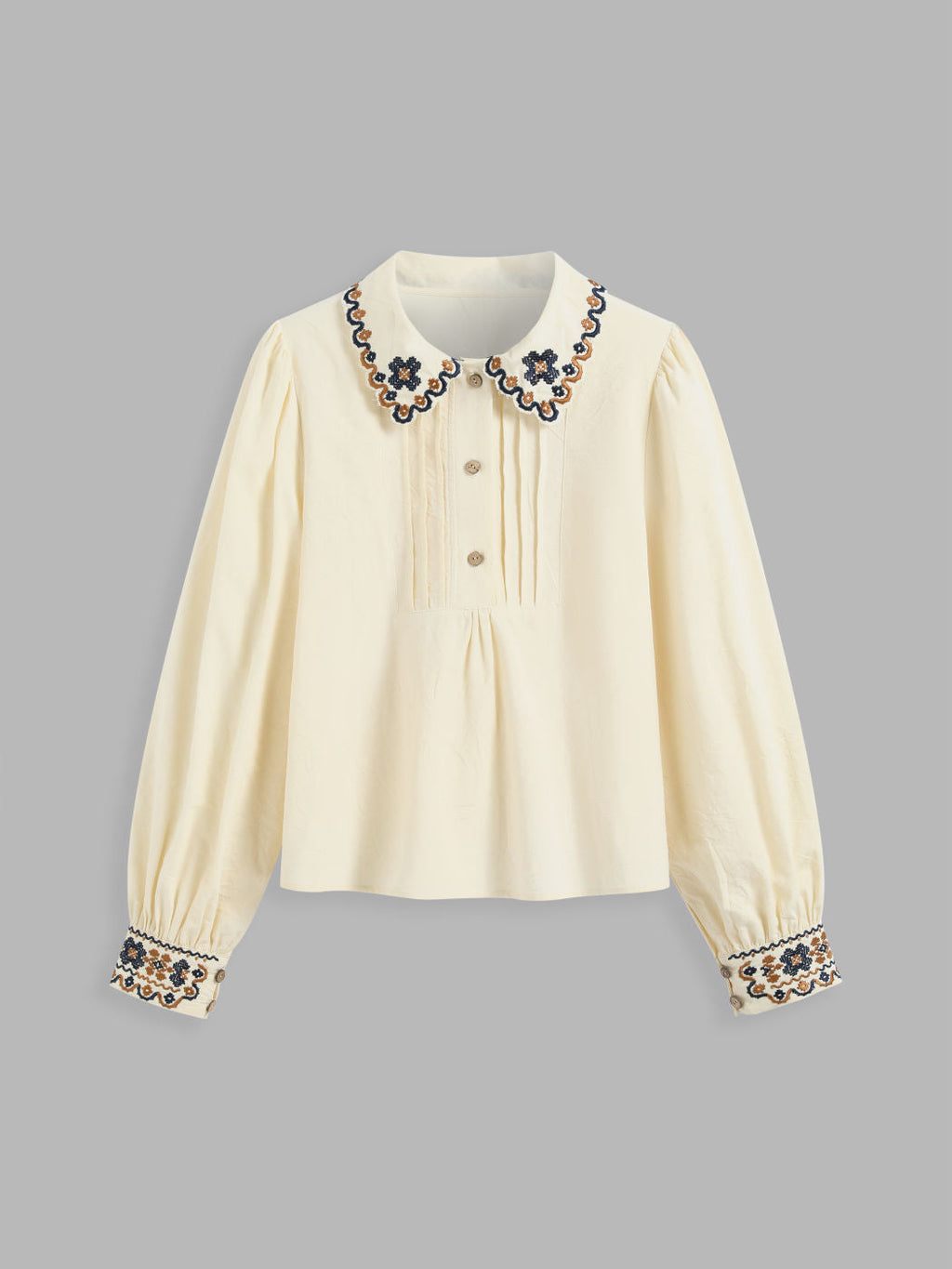 100% Cotton Collar Aztec Button Long Sleeve Blouse