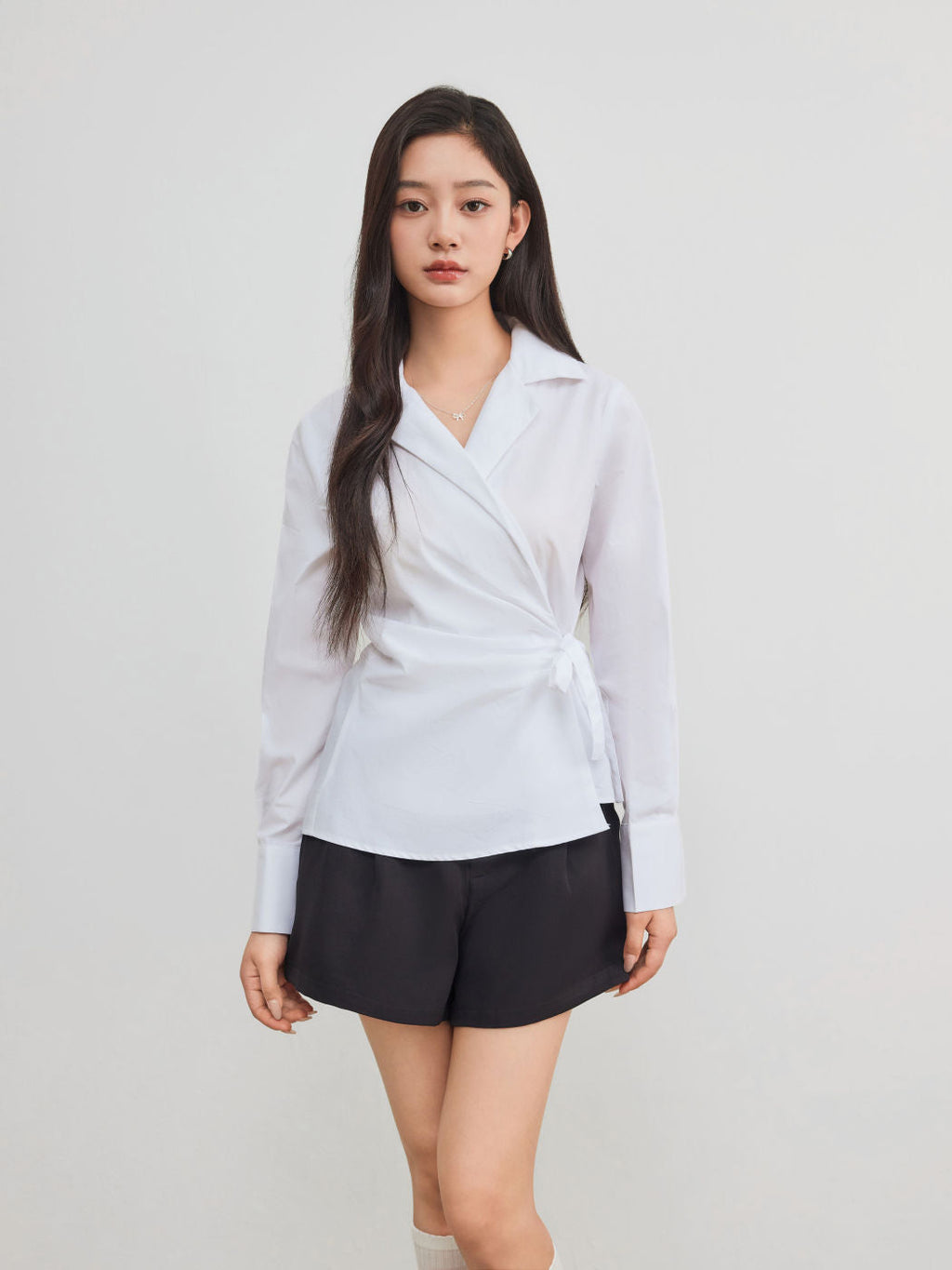 100% Cotton Collar Solid Wrap Knotted Long Sleeve Shirt