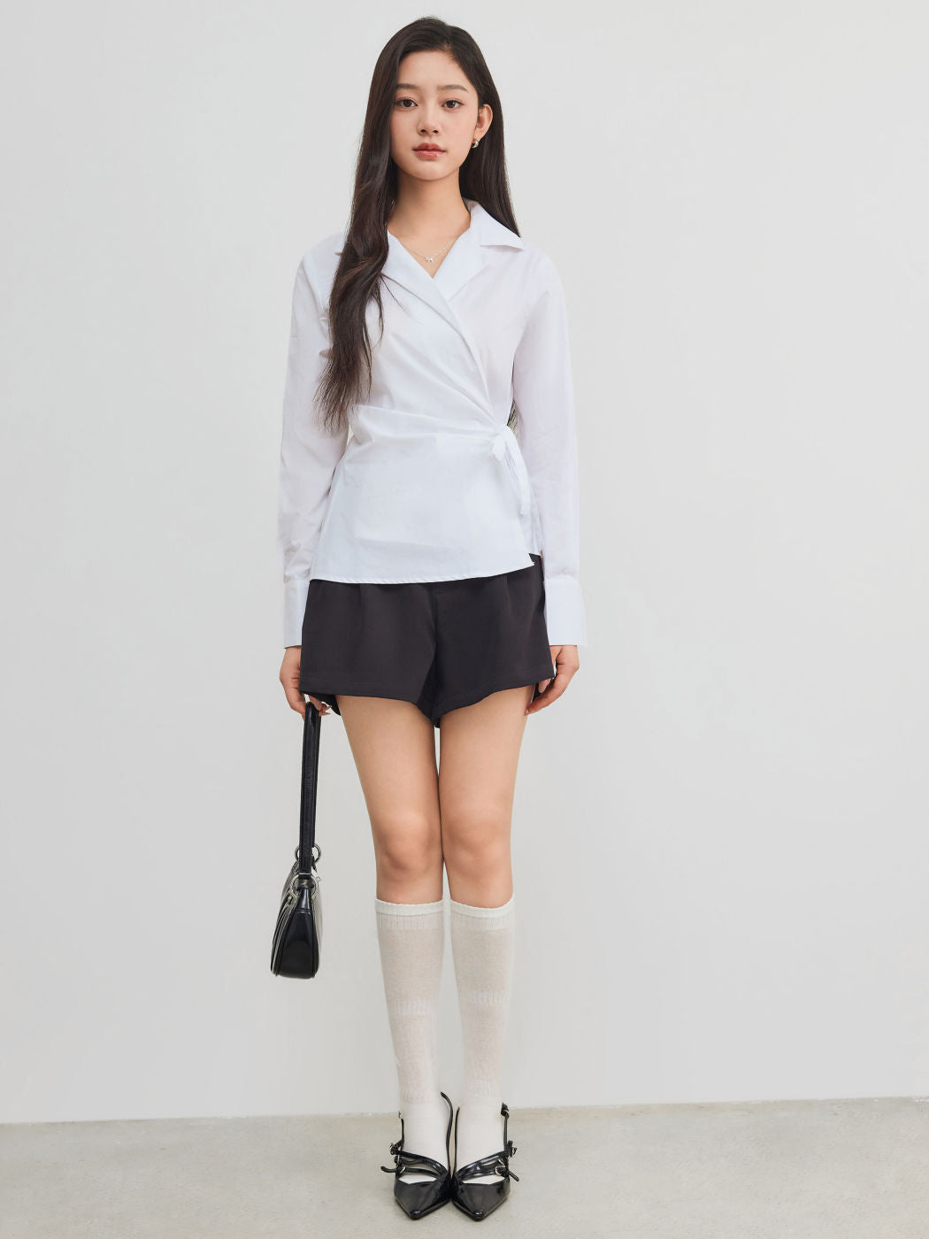 100% Cotton Collar Solid Wrap Knotted Long Sleeve Shirt