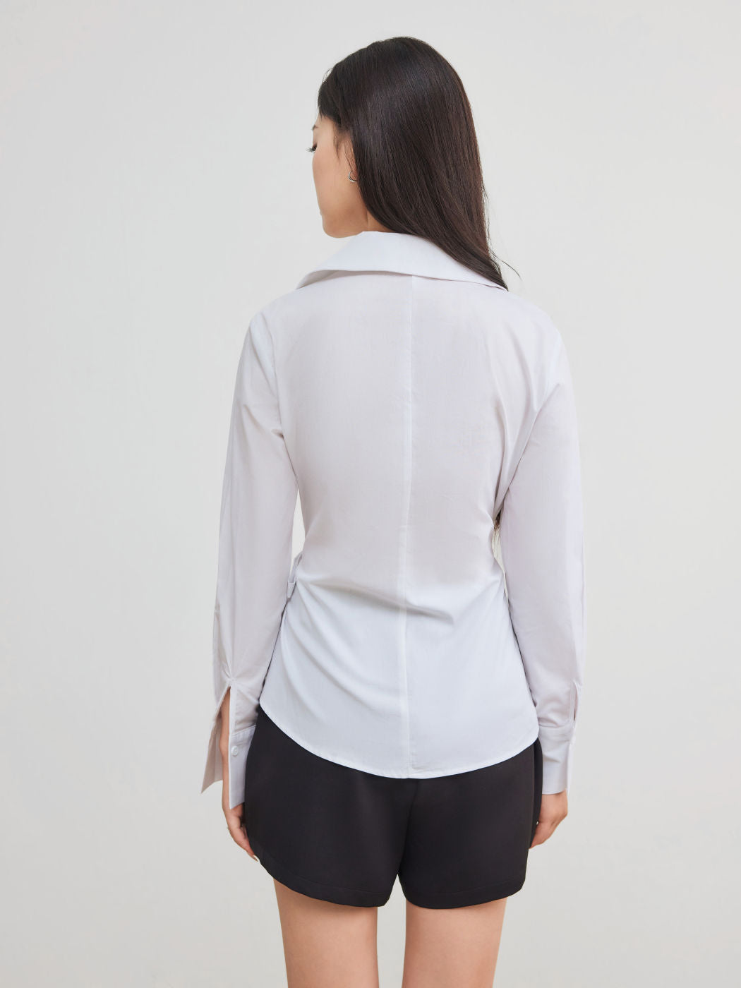 100% Cotton Collar Solid Wrap Knotted Long Sleeve Shirt