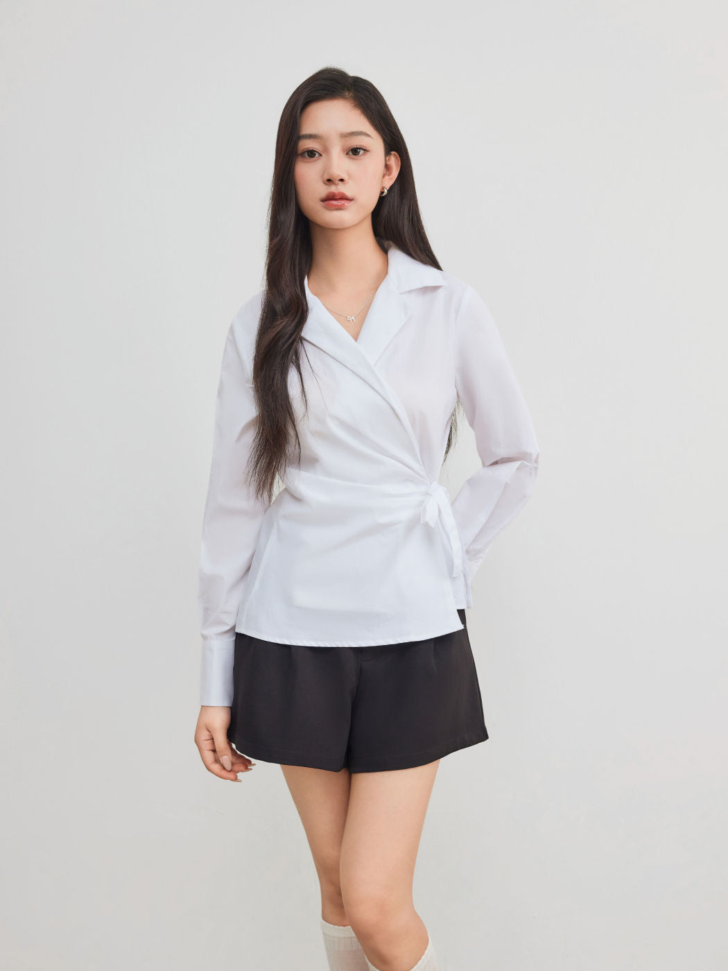 100% Cotton Collar Solid Wrap Knotted Long Sleeve Shirt