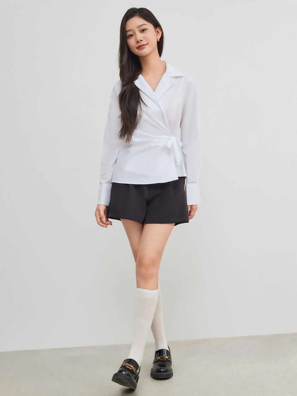 100% Cotton Collar Solid Wrap Knotted Long Sleeve Shirt