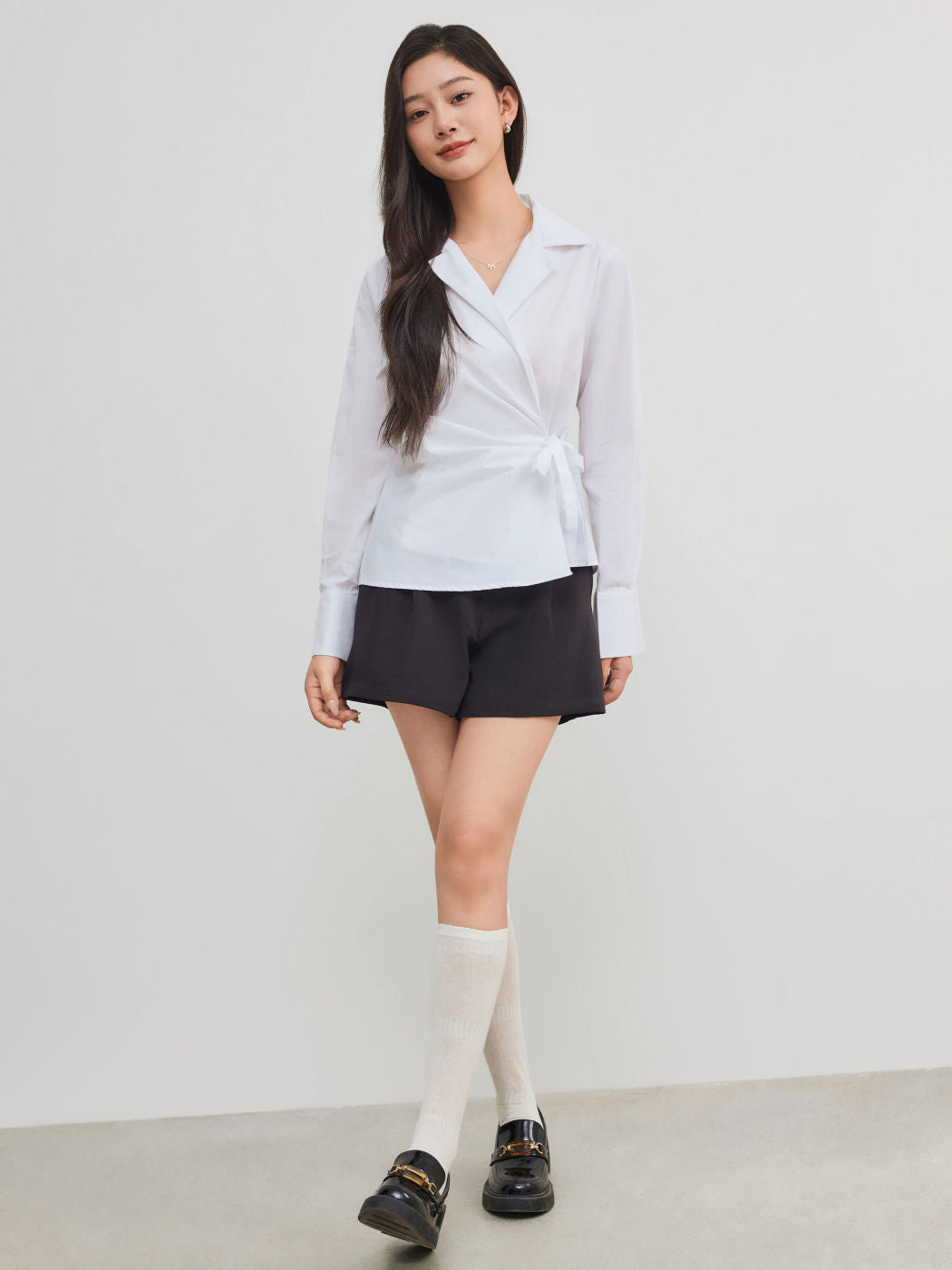 100% Cotton Collar Solid Wrap Knotted Long Sleeve Shirt