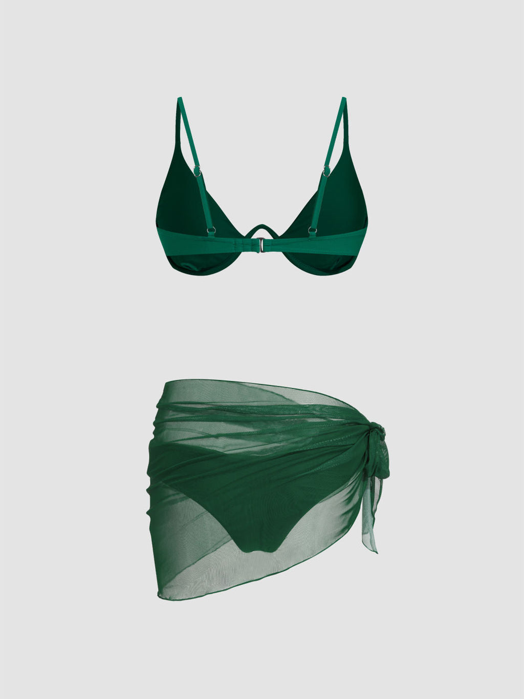 3Pcs Underwire Solid Bikini Set With Mesh Sarong