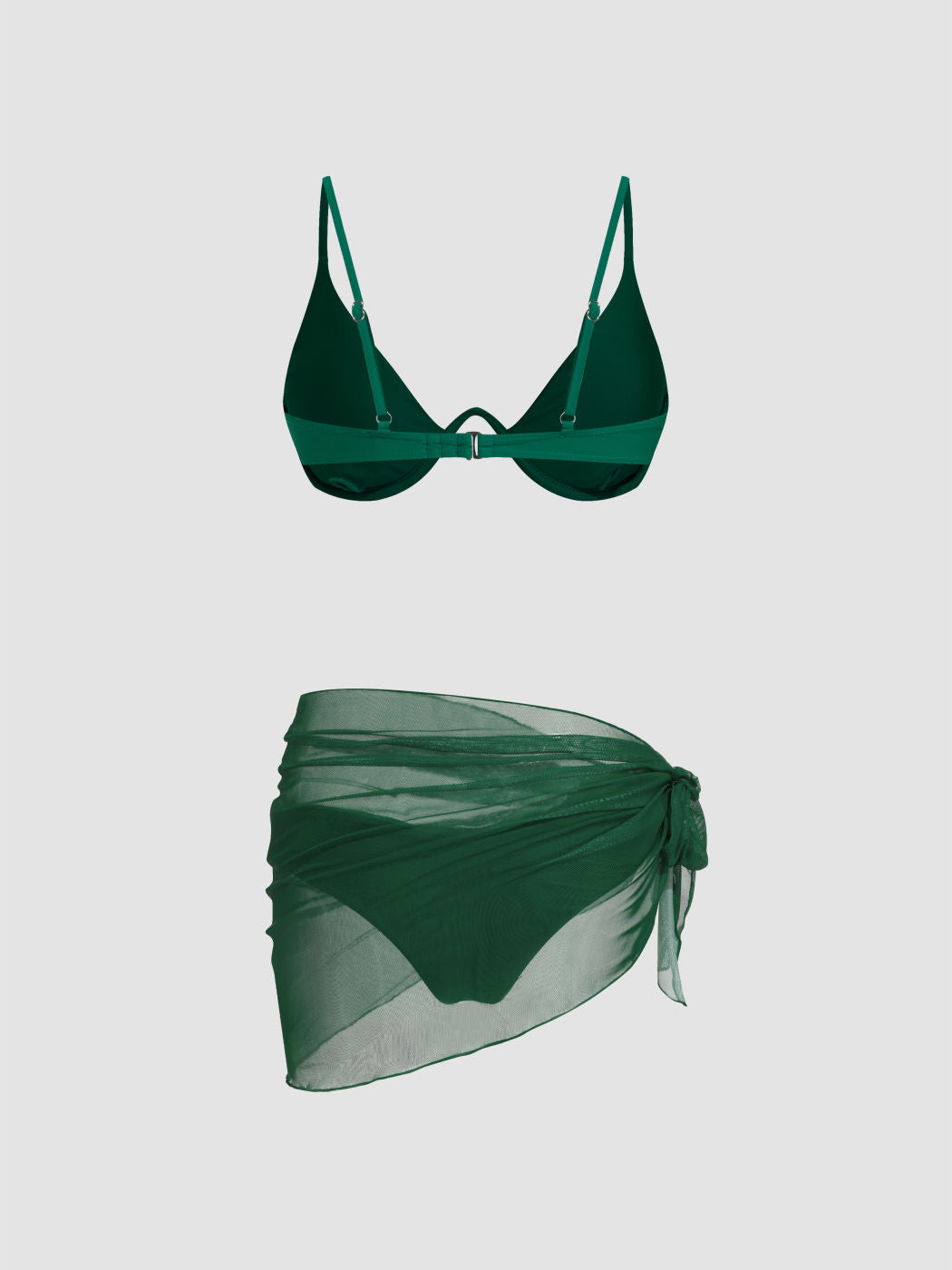 3Pcs Underwire Solid Bikini Set With Mesh Sarong