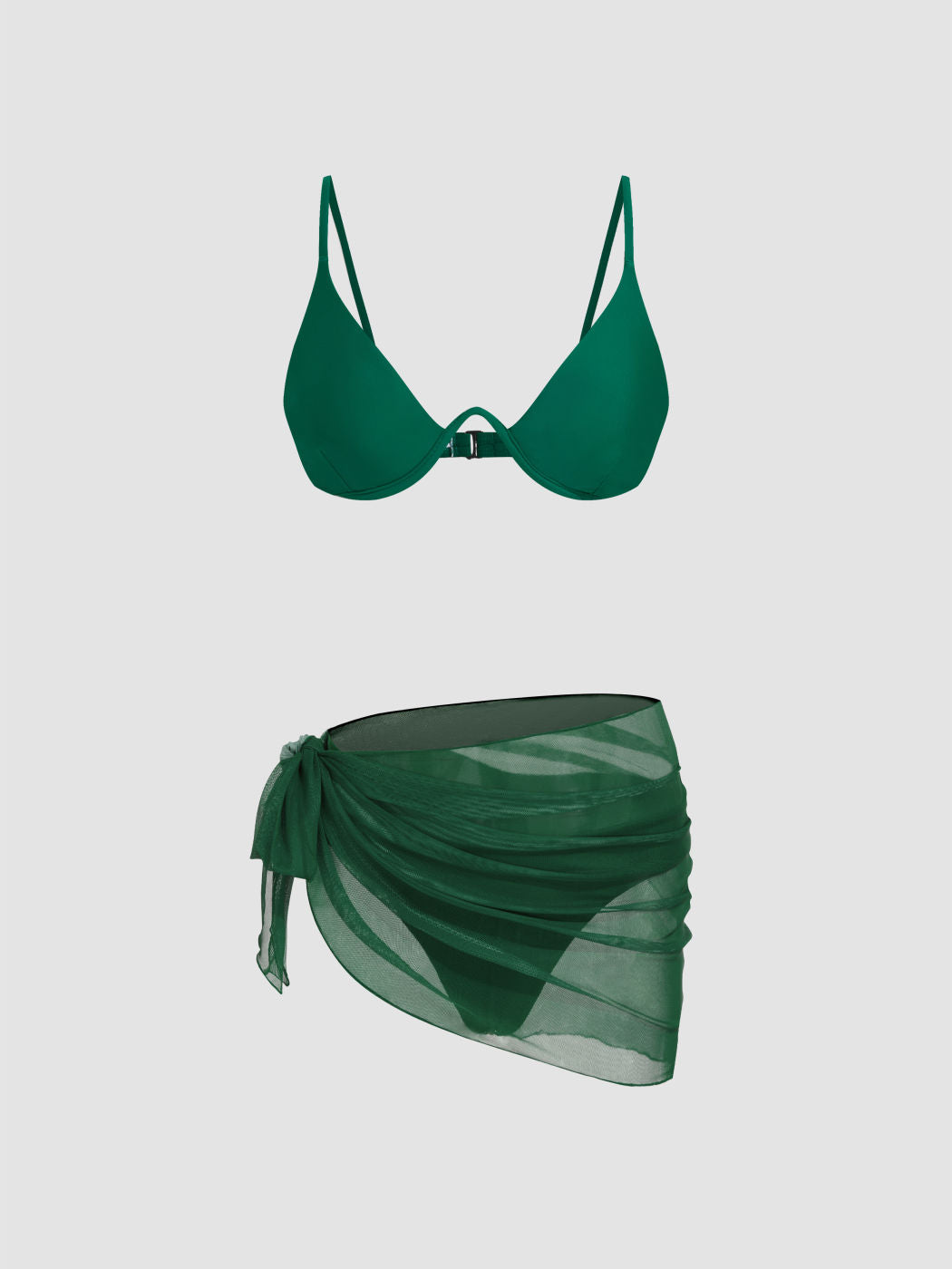 3Pcs Underwire Solid Bikini Set With Mesh Sarong