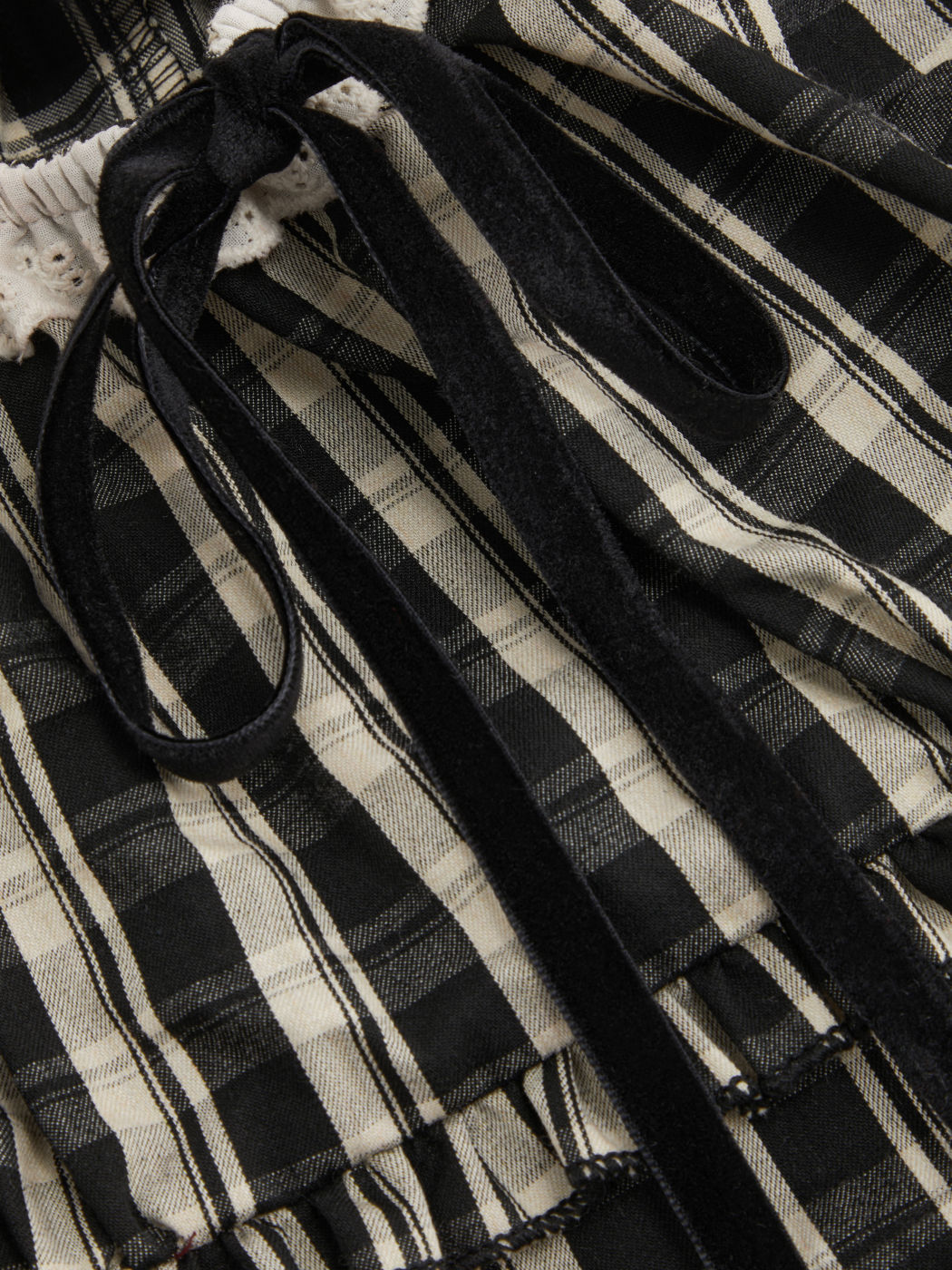 100% Cotton Check Knotted Lettuce Trim Shirred Top