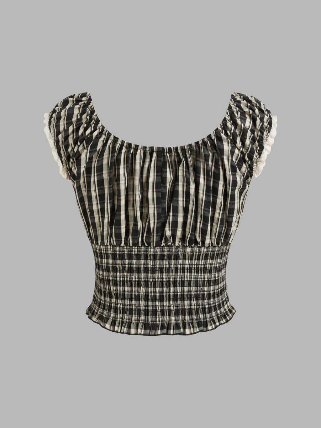 100% Cotton Check Knotted Lettuce Trim Shirred Top