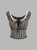 100% Cotton Check Knotted Lettuce Trim Shirred Top