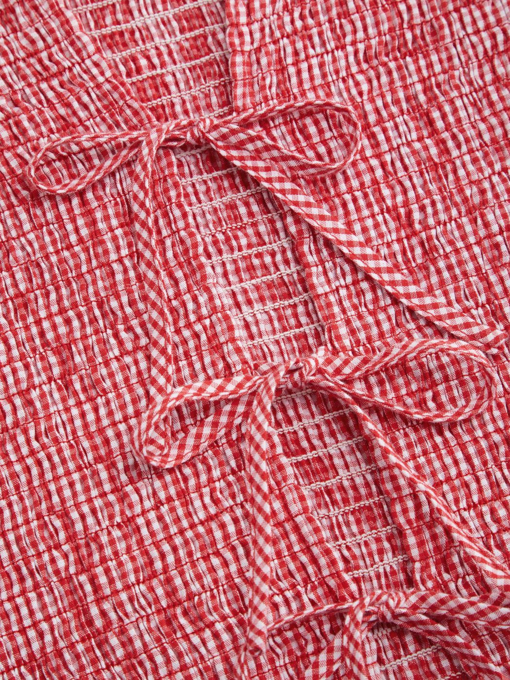 100% Cotton Gingham Tie Front Bow Shirred Top