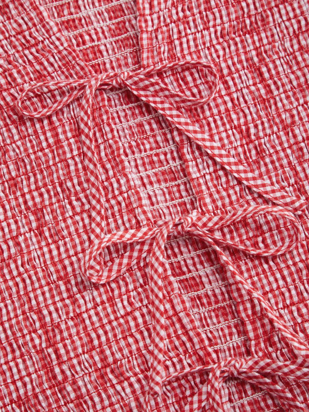 100% Cotton Gingham Tie Front Bow Shirred Top
