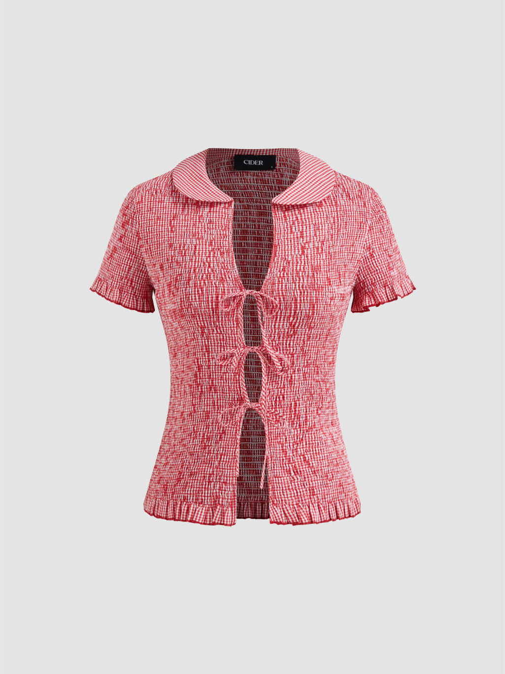 100% Cotton Gingham Tie Front Bow Shirred Top