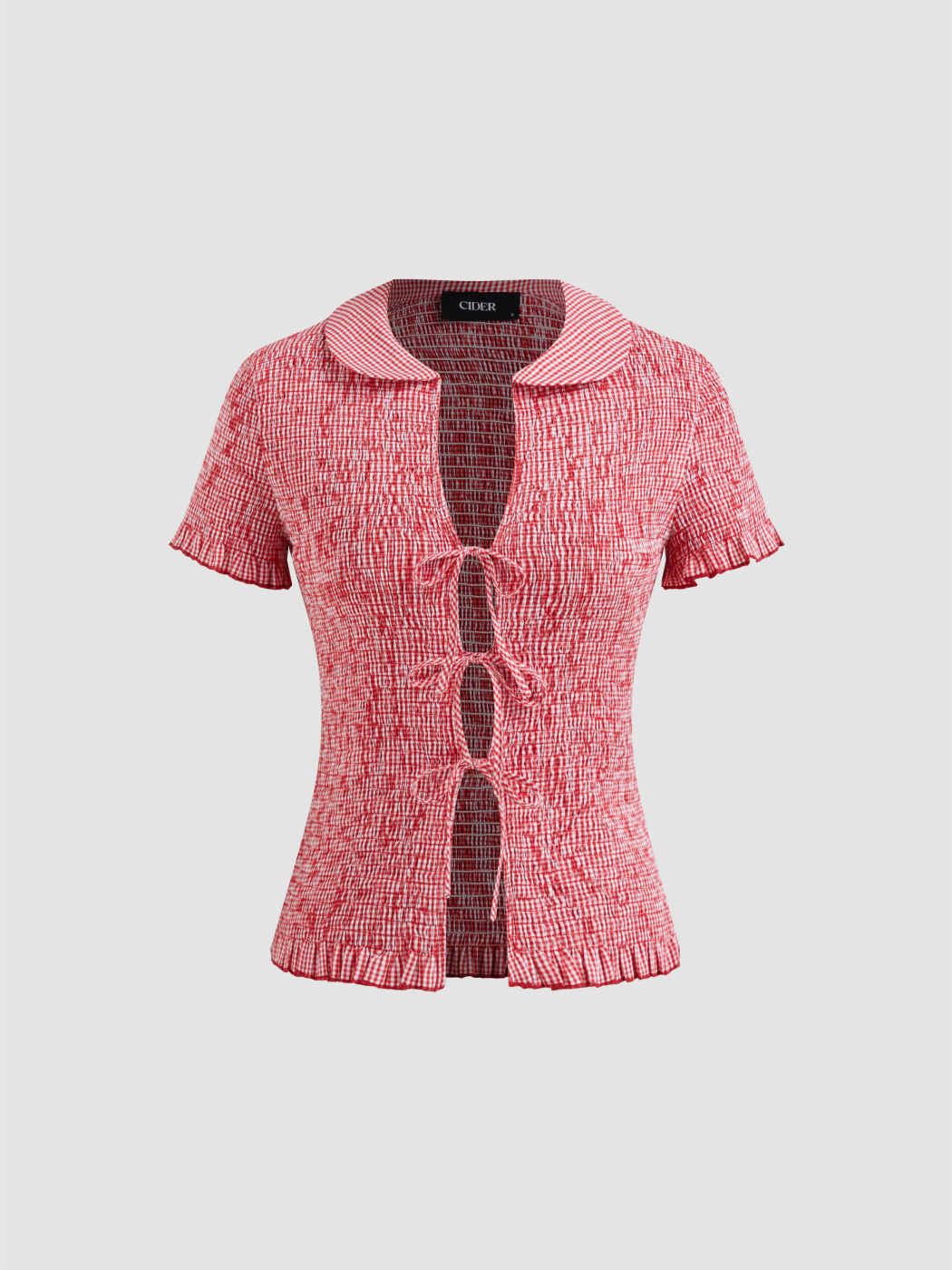 100% Cotton Gingham Tie Front Bow Shirred Top
