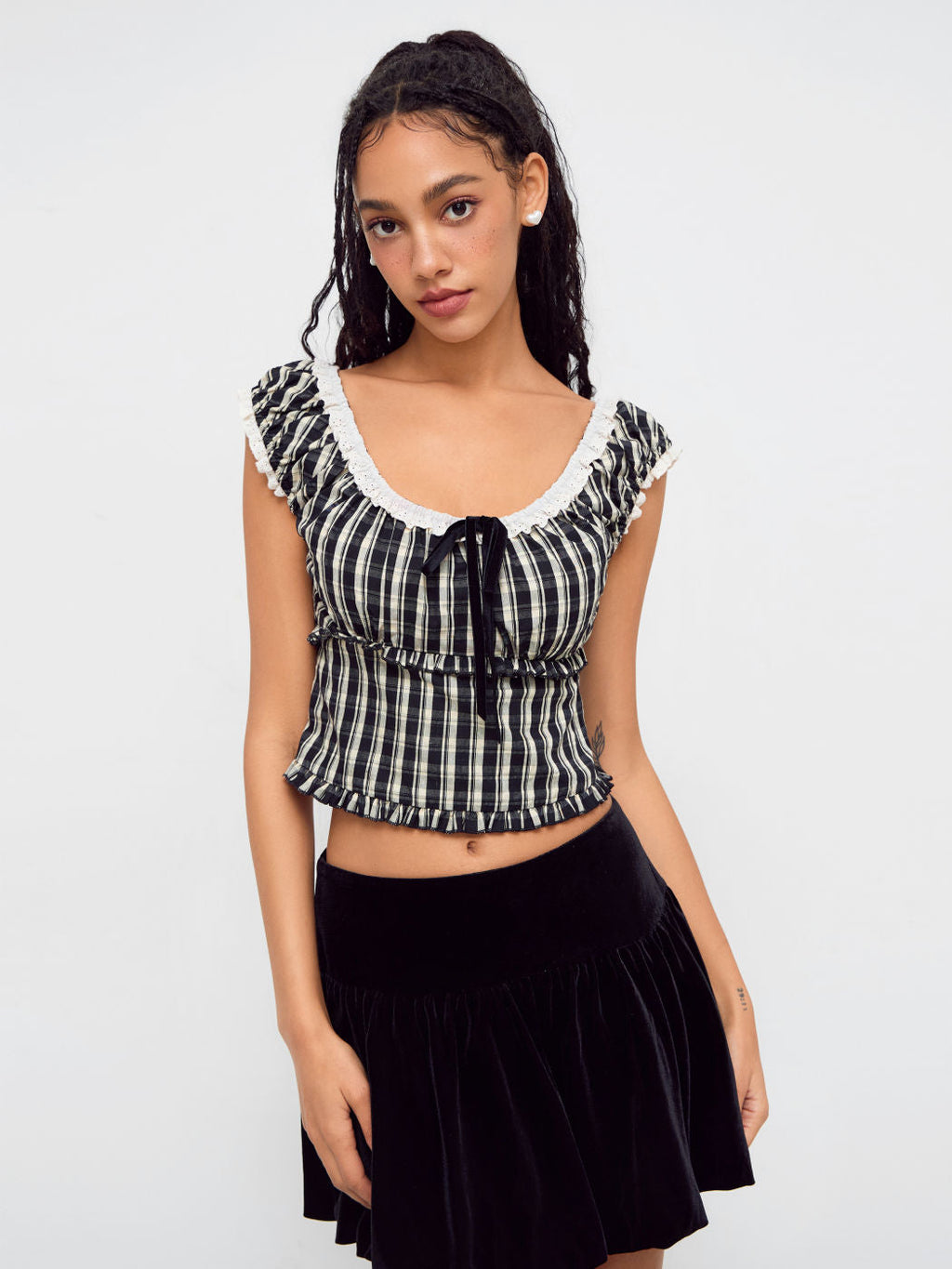 100% Cotton Check Knotted Lettuce Trim Shirred Top