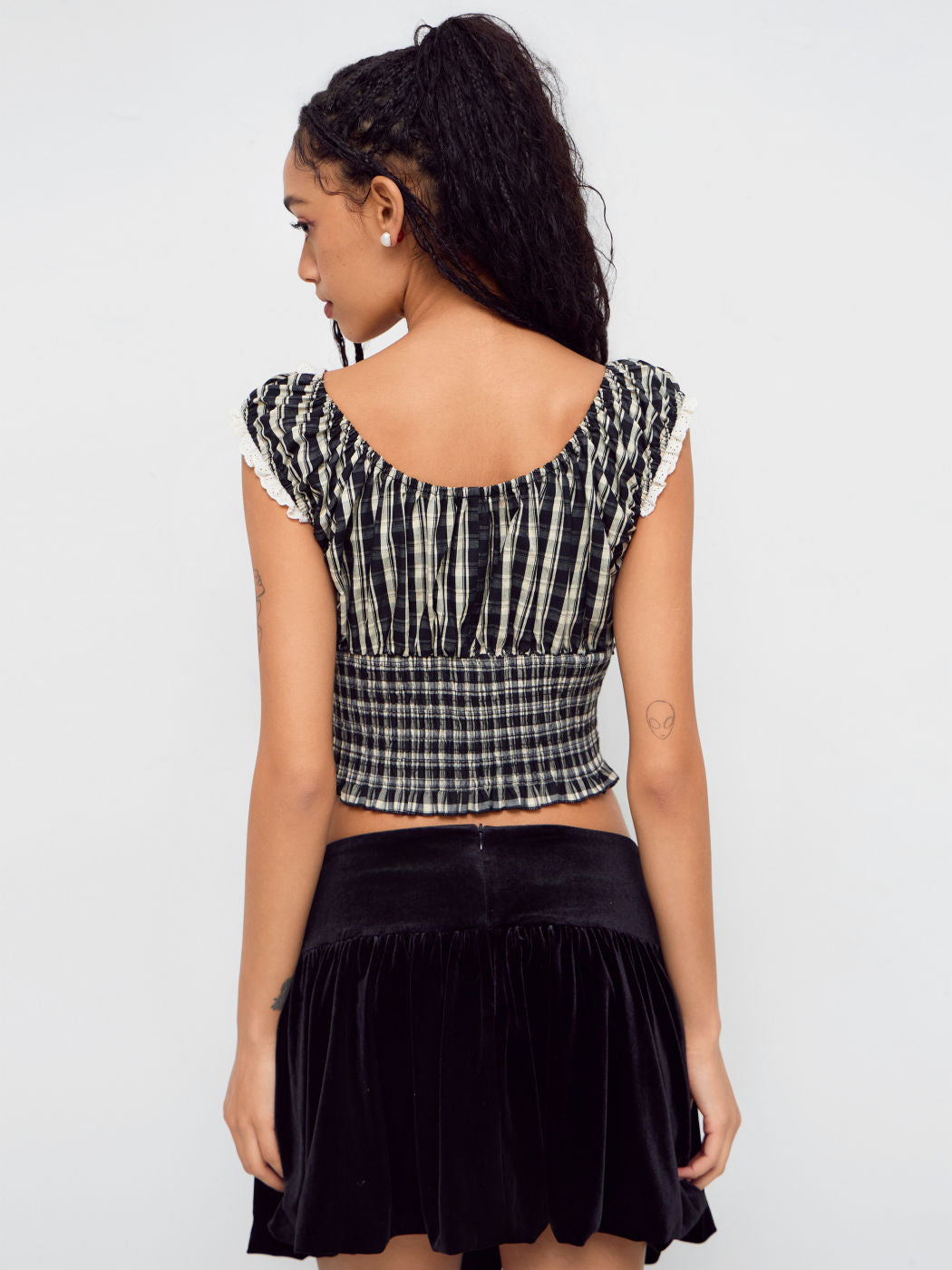 100% Cotton Check Knotted Lettuce Trim Shirred Top