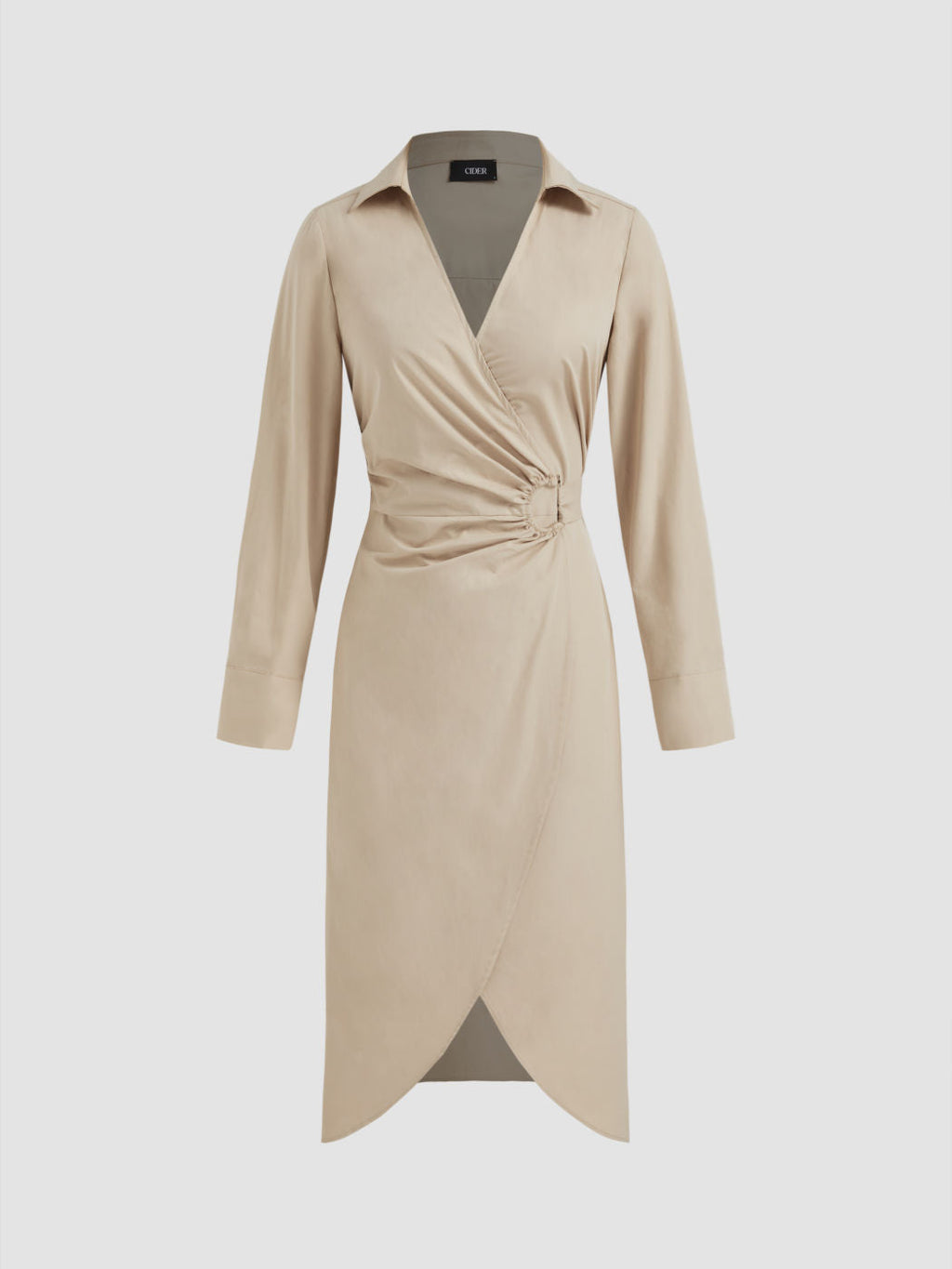 100% Cotton V-neck Ruched Knotted Wrap Midi Dress