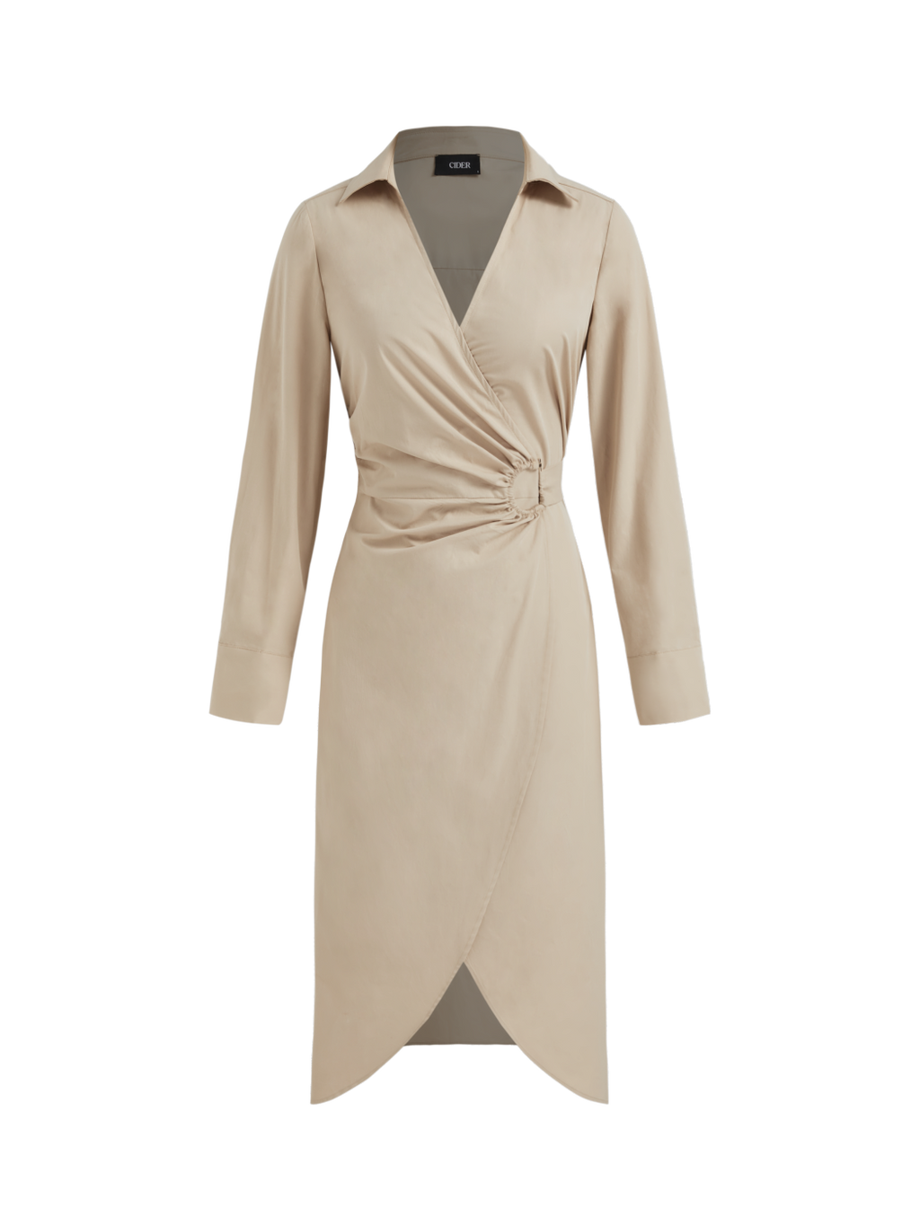 100% Cotton V-neck Ruched Knotted Wrap Midi Dress