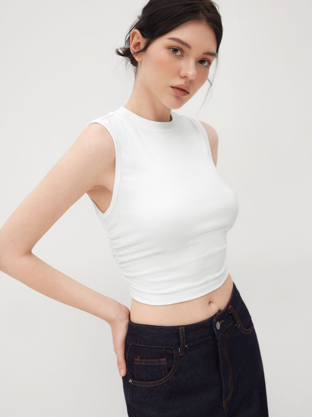 2 Pack Round Neck Solid Ruched Crop Tank Top