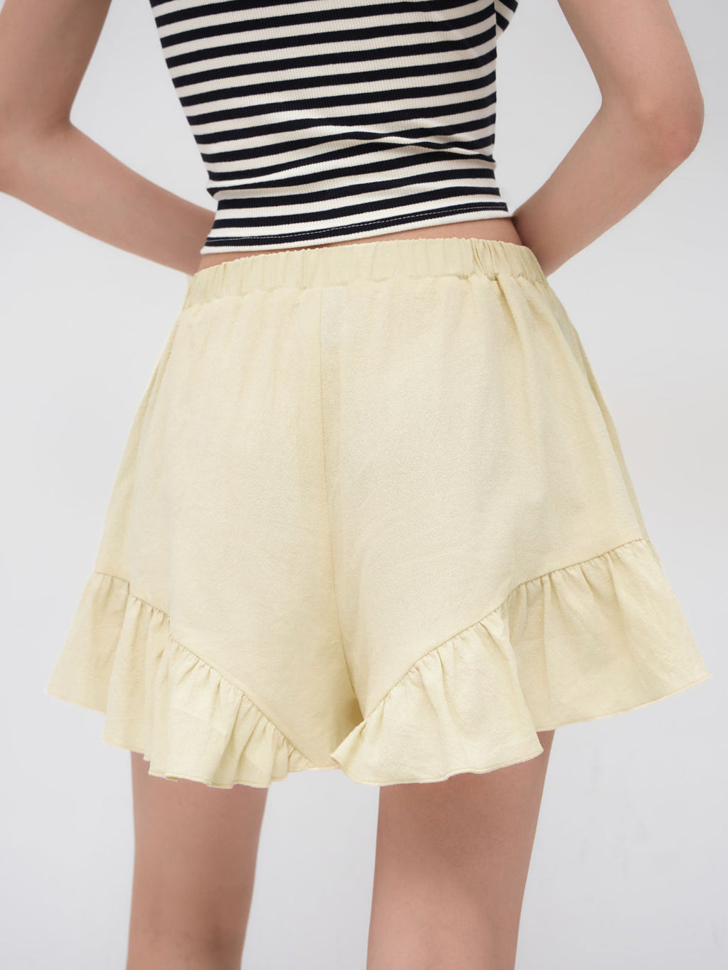 100% Cotton Mid Rise Elastic Waist Knotted Ruffle Shorts