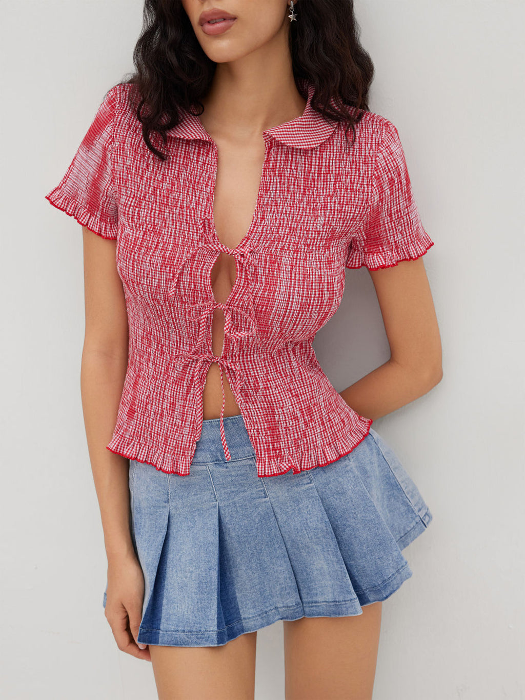 100% Cotton Gingham Tie Front Bow Shirred Top