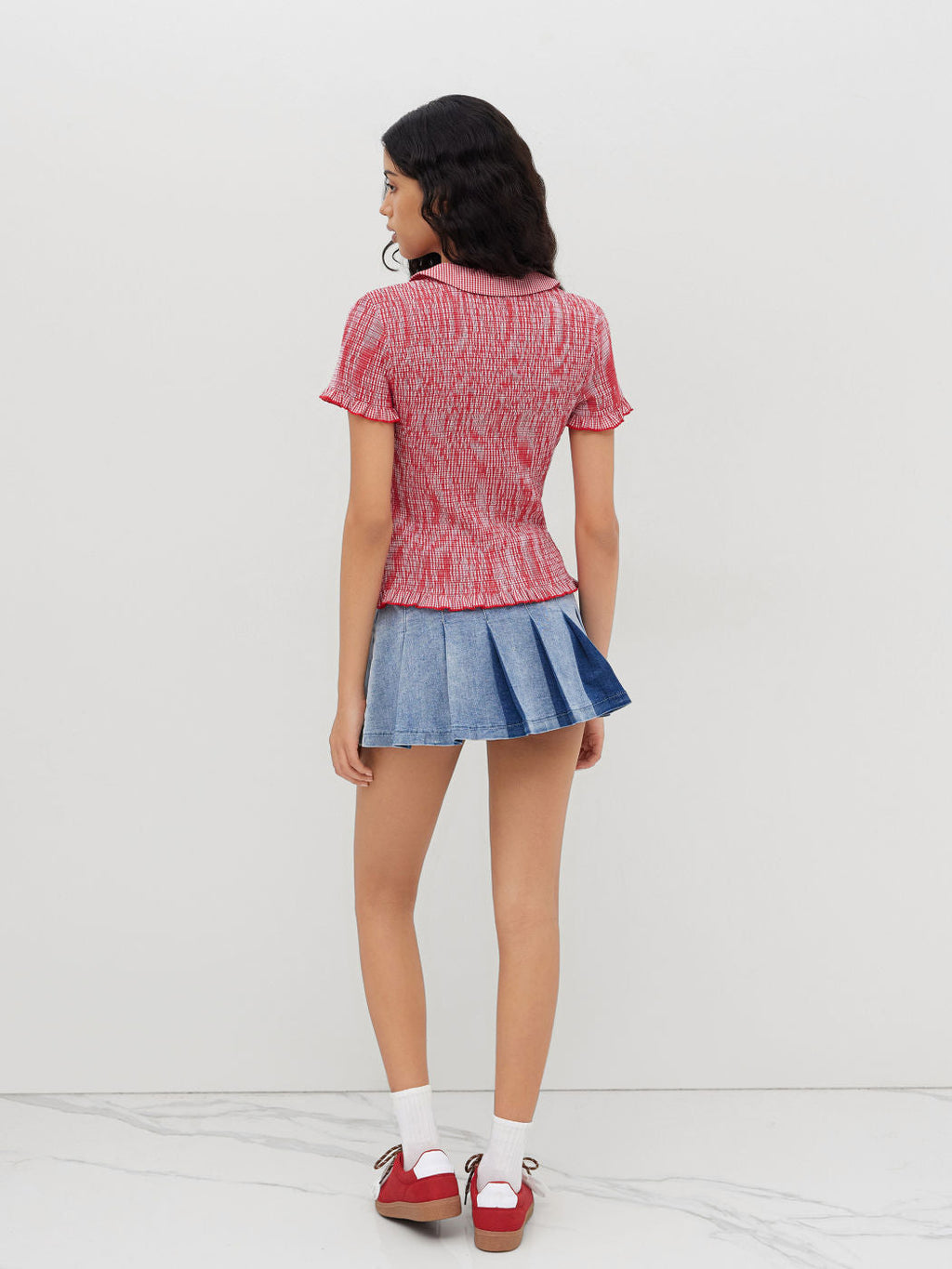 100% Cotton Gingham Tie Front Bow Shirred Top