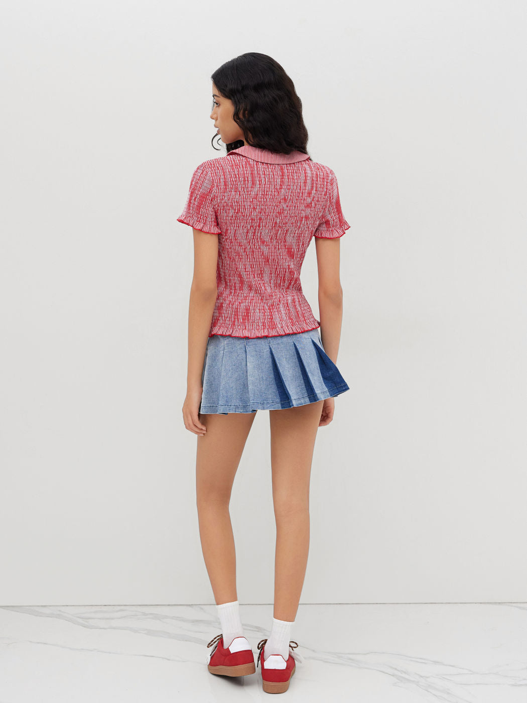 100% Cotton Gingham Tie Front Bow Shirred Top