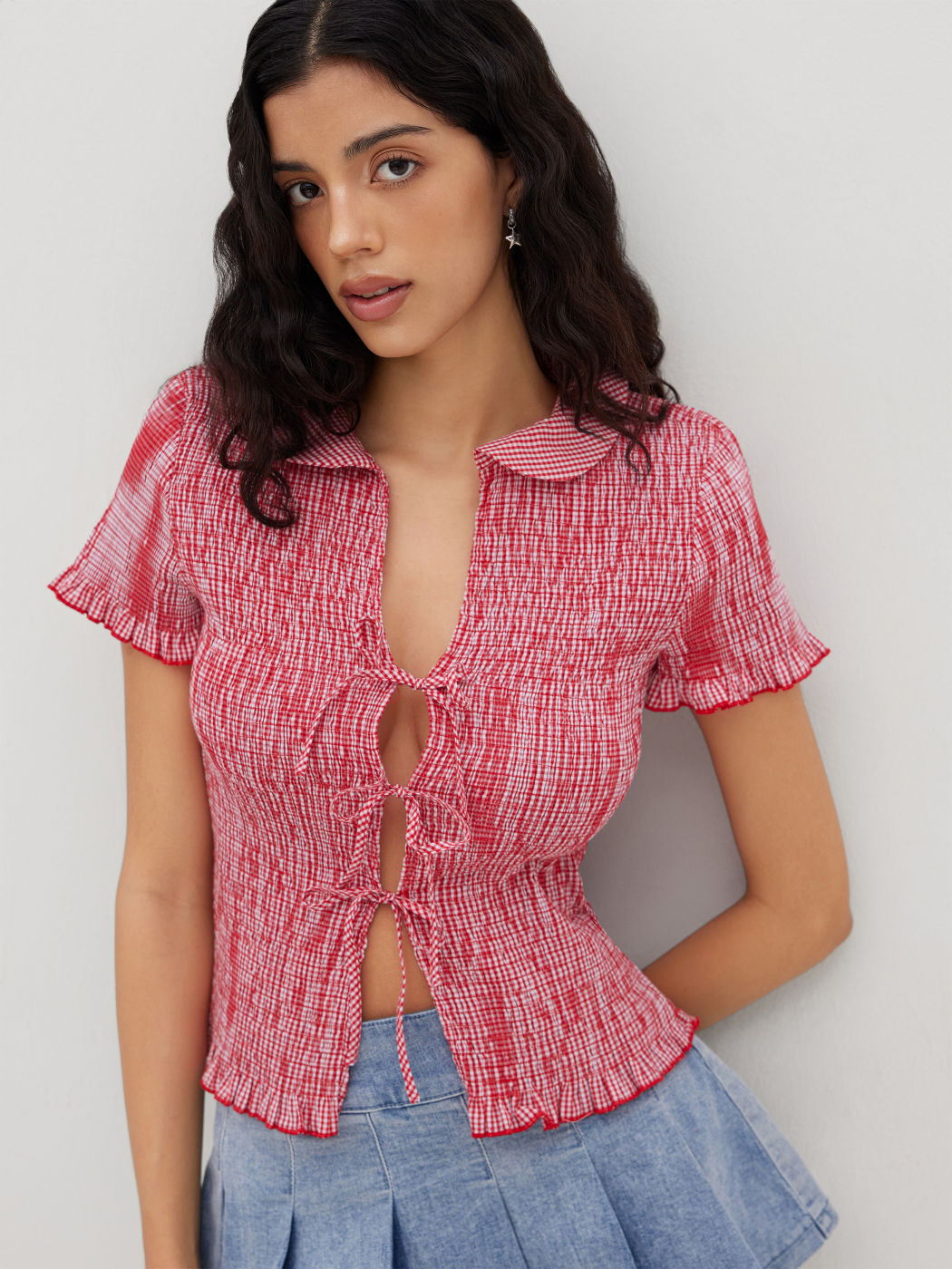 100% Cotton Gingham Tie Front Bow Shirred Top