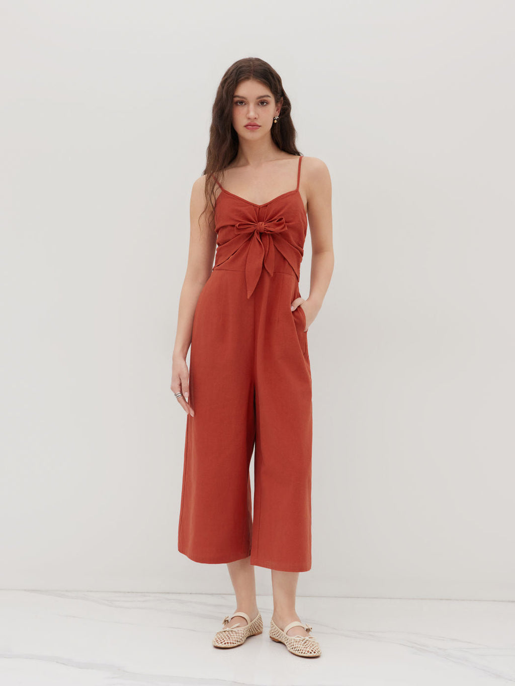 100% Cotton Bowknot Shirred Cropped Wide Leg Jumpsuit
