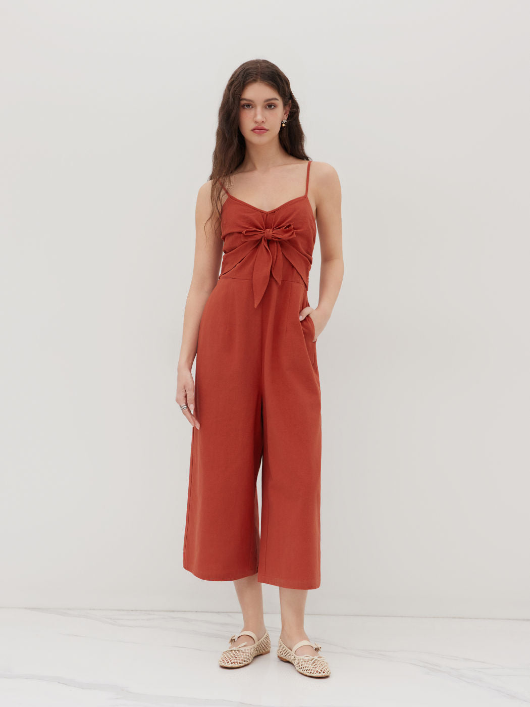 100% Cotton Bowknot Shirred Cropped Wide Leg Jumpsuit