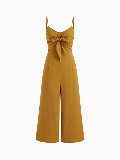 100% Cotton Bowknot Shirred Cropped Wide Leg Jumpsuit