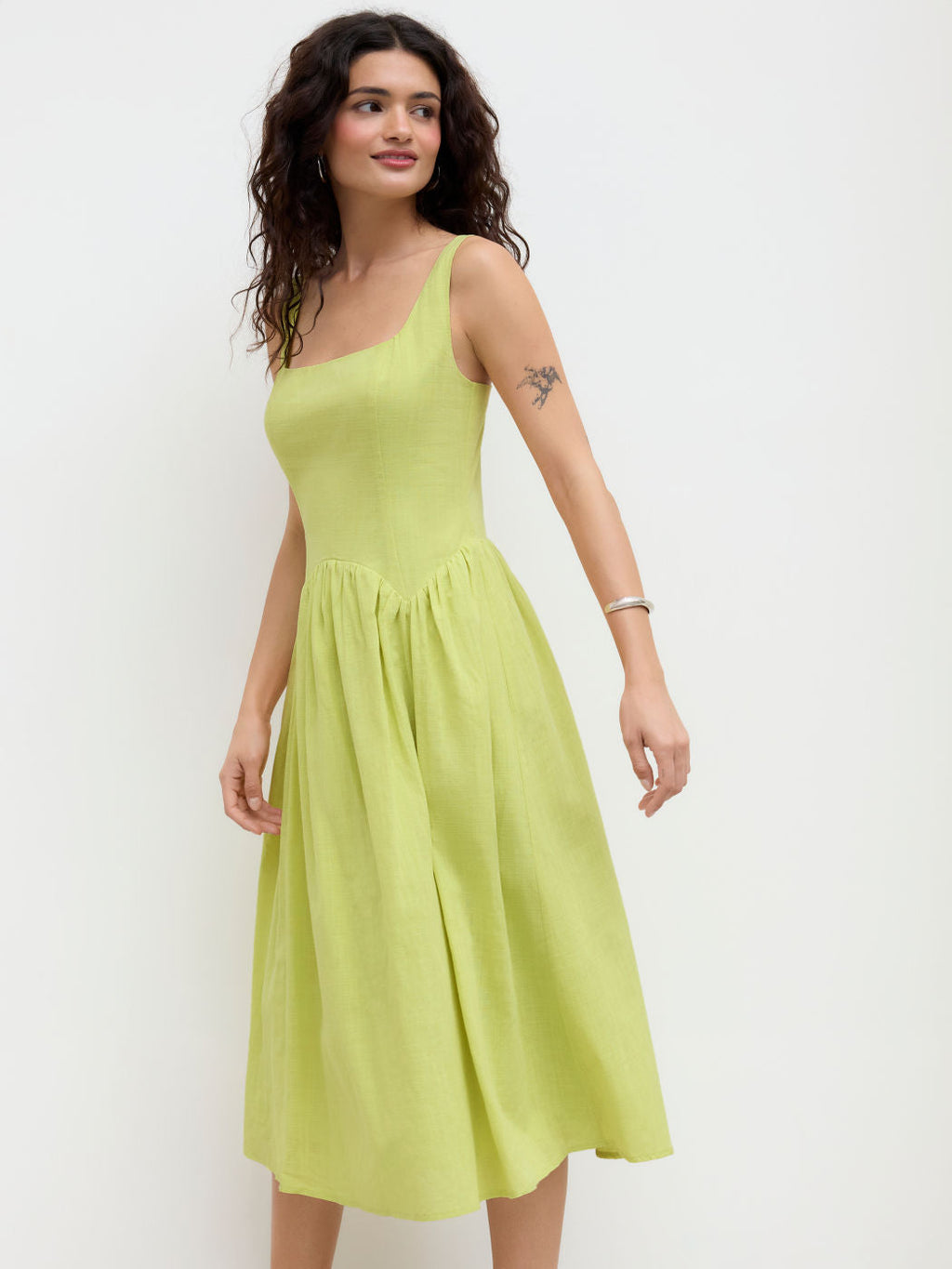 100% Cotton Square Neck Ruffle Cami Midi Dress