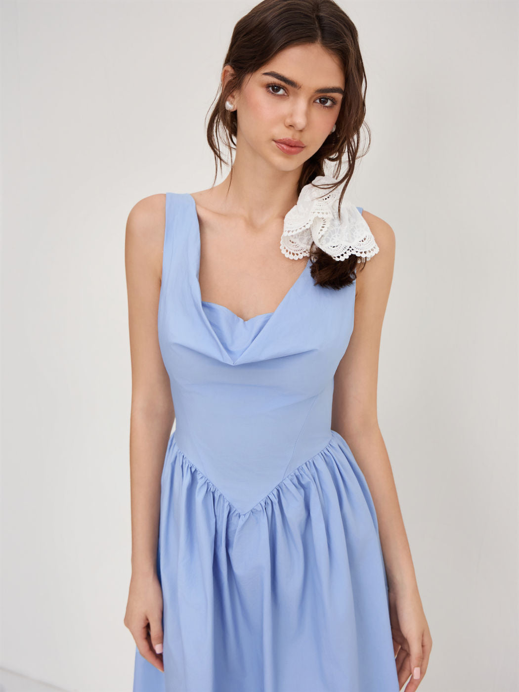 100% Cotton Cowl Neck Ruffle Zipper Midi Dress