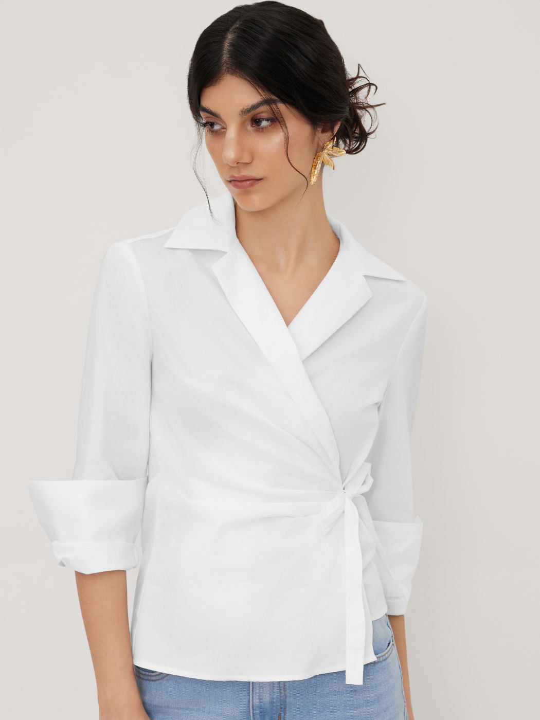 100% Cotton Collar Solid Wrap Knotted Long Sleeve Shirt