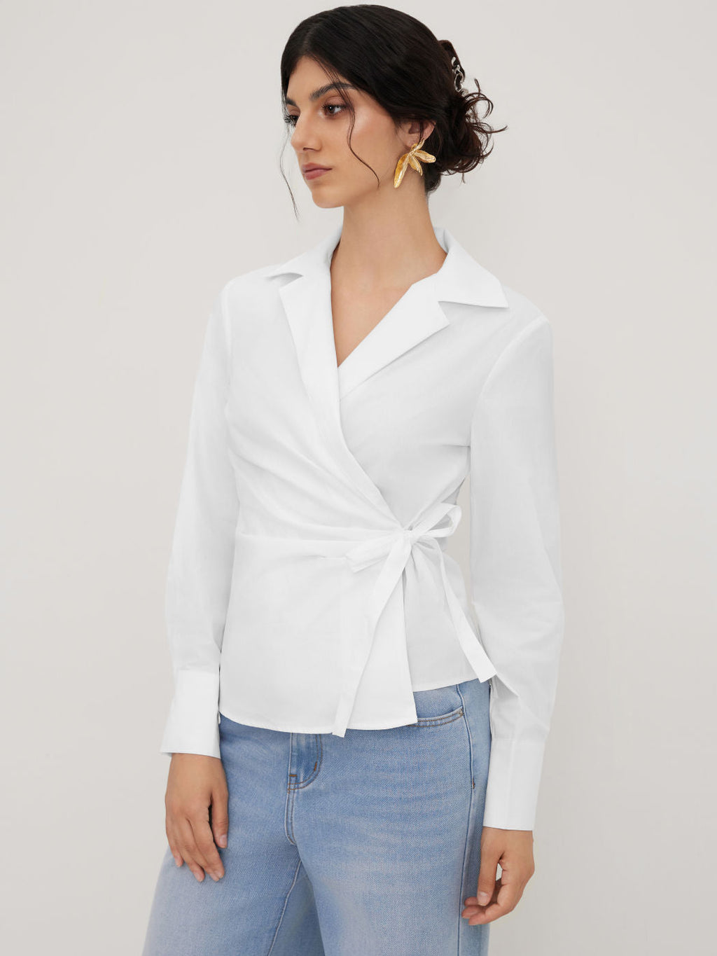 100% Cotton Collar Solid Wrap Knotted Long Sleeve Shirt