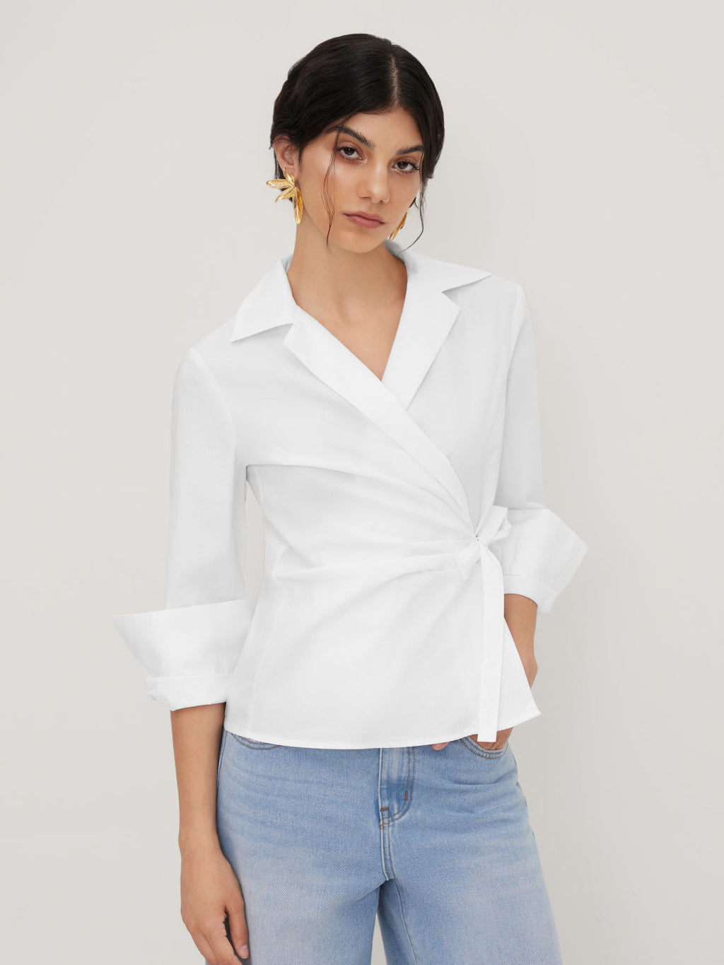 100% Cotton Collar Solid Wrap Knotted Long Sleeve Shirt