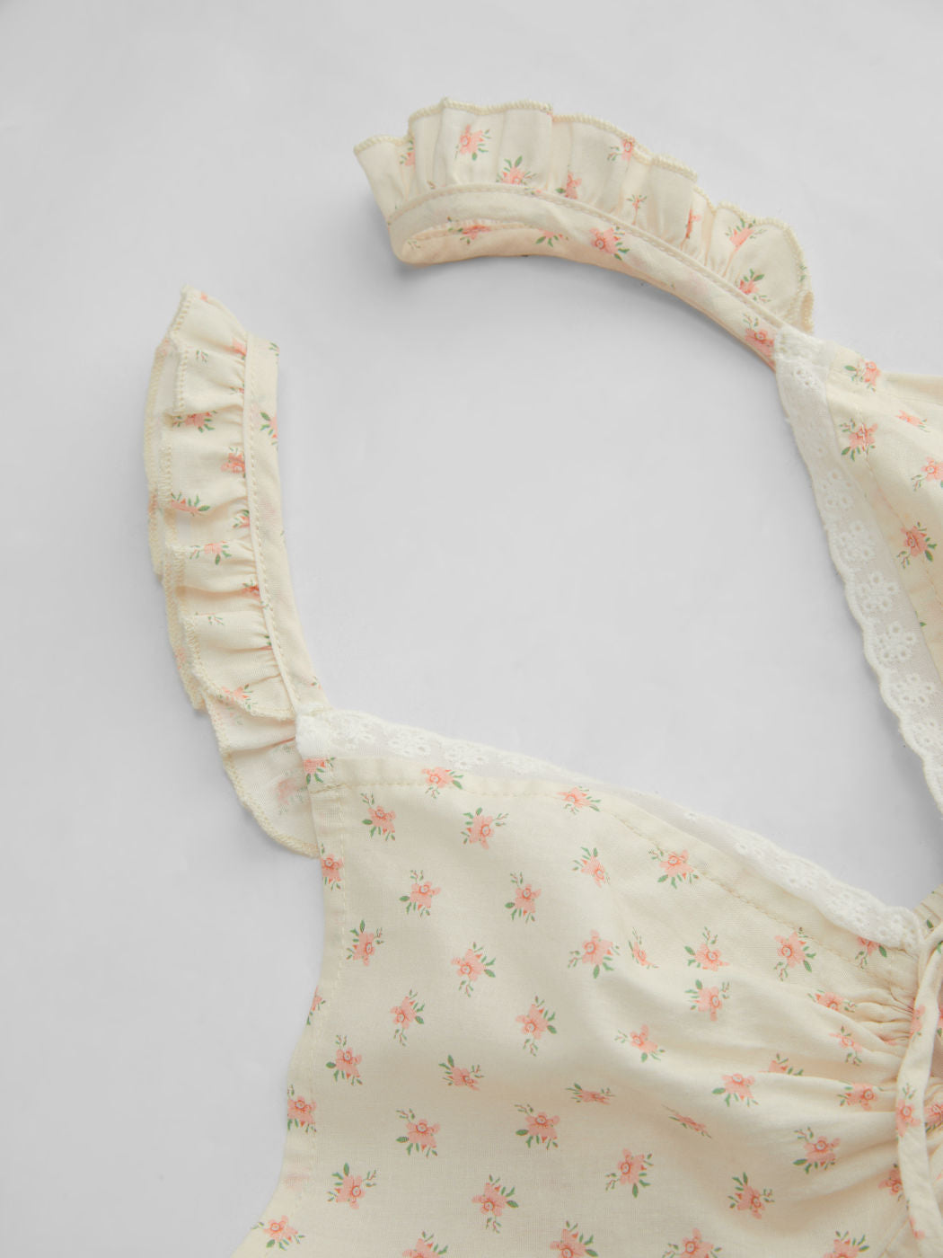 100% Cotton V-neck Floral Cut Out Knotted Lace Lettuce Trim Top & Mid Rise Shorts Loungewear Set