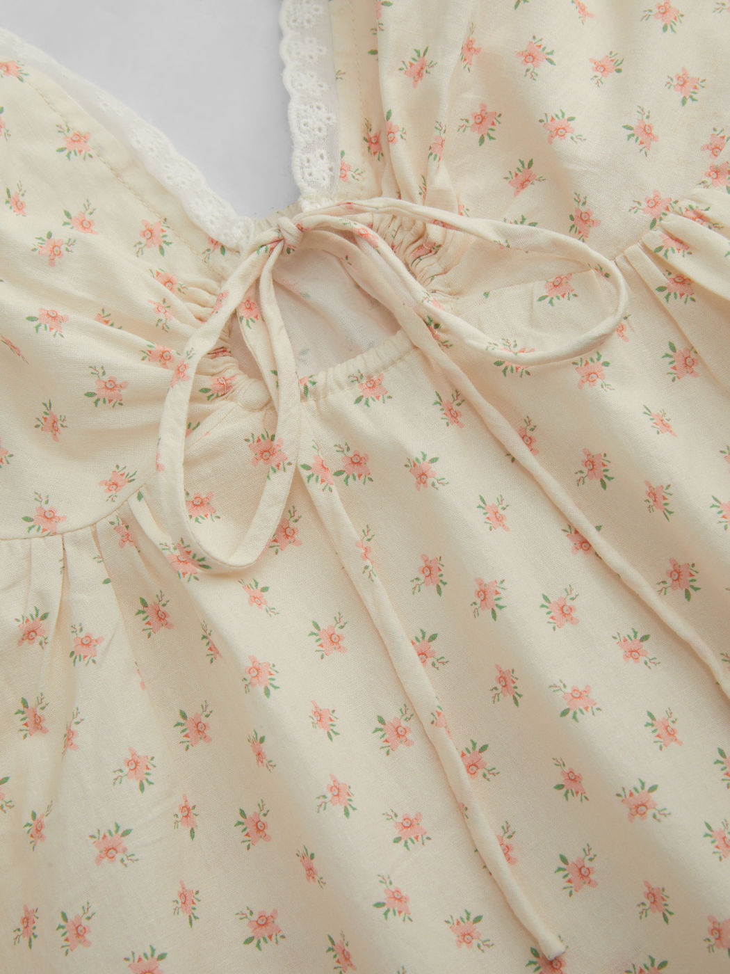 100% Cotton V-neck Floral Cut Out Knotted Lace Lettuce Trim Top & Mid Rise Shorts Loungewear Set