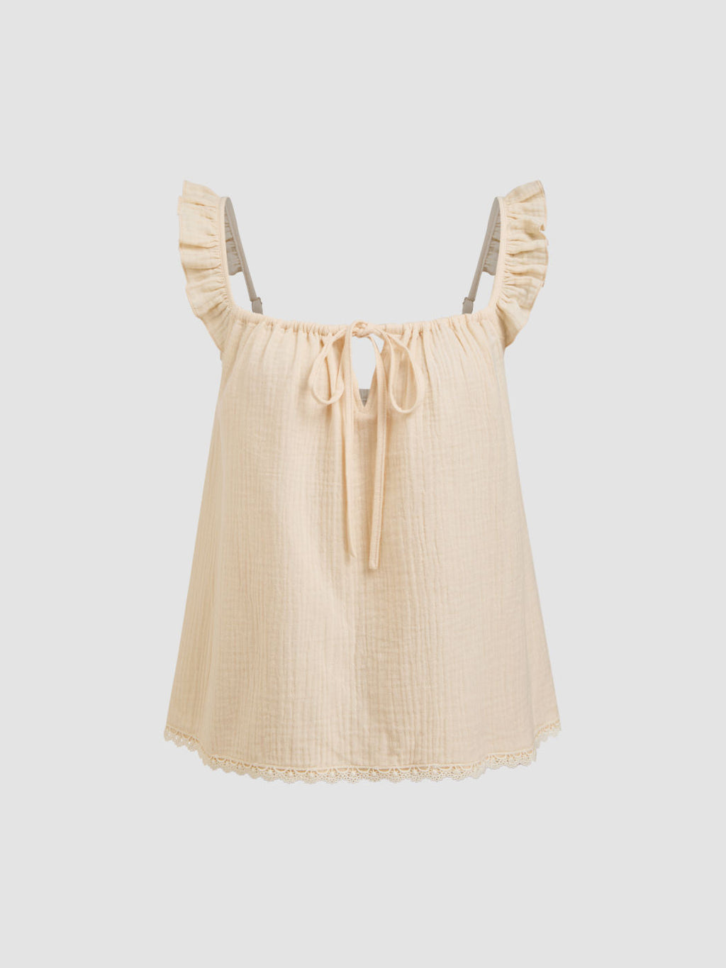 100% Cotton Square Neck Cut Out Knotted Lettuce Trim Top & High Rise Lace Trim Shorts Loungewear Set