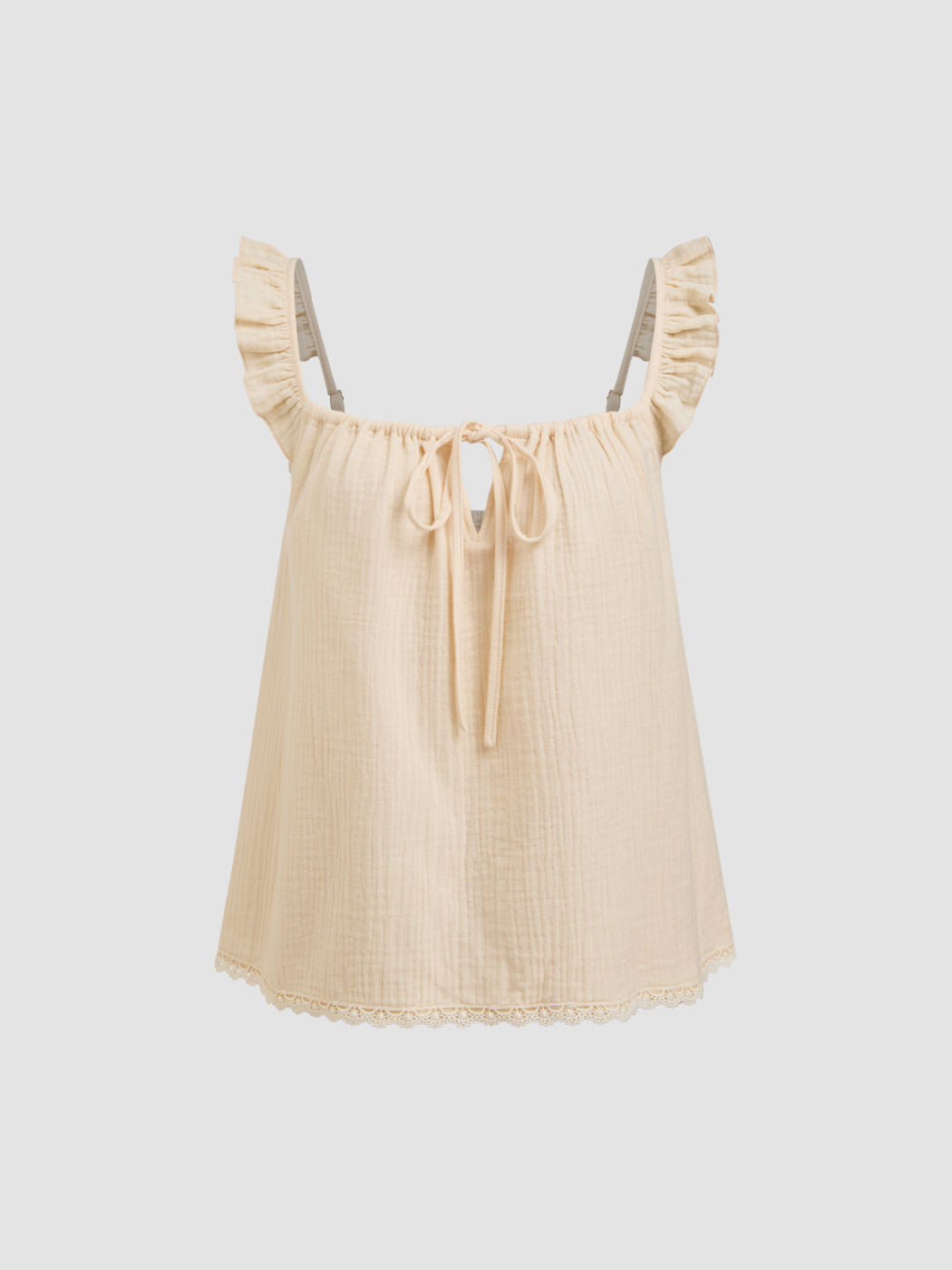 100% Cotton Square Neck Cut Out Knotted Lettuce Trim Top & High Rise Lace Trim Shorts Loungewear Set