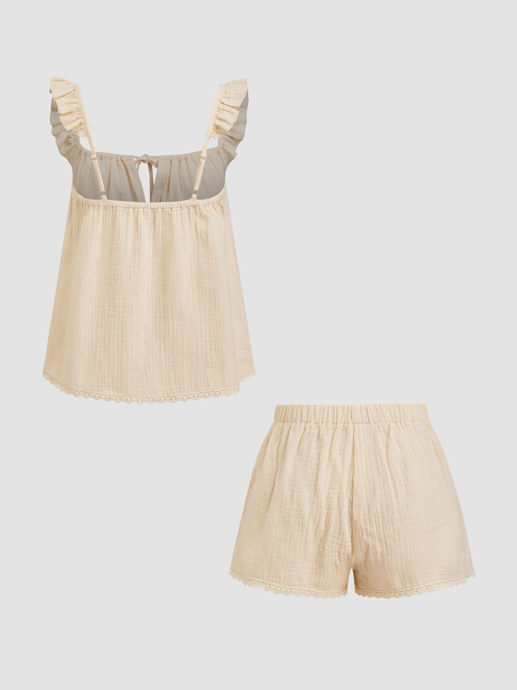 100% Cotton Square Neck Cut Out Knotted Lettuce Trim Top & High Rise Lace Trim Shorts Loungewear Set