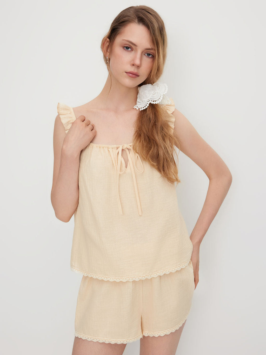100% Cotton Square Neck Cut Out Knotted Lettuce Trim Top & High Rise Lace Trim Shorts Loungewear Set