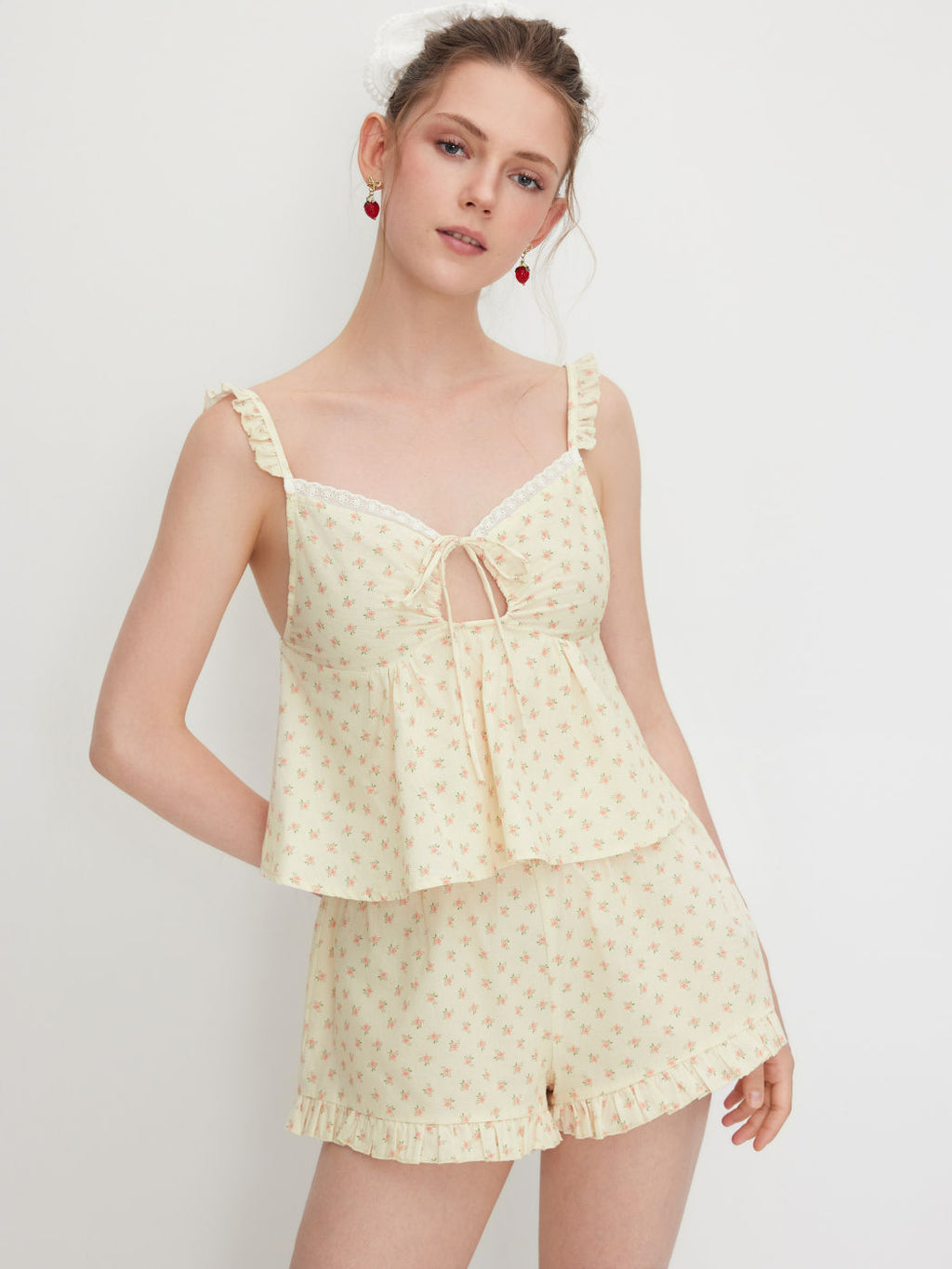 100% Cotton V-neck Floral Cut Out Knotted Lace Lettuce Trim Top & Mid Rise Shorts Loungewear Set