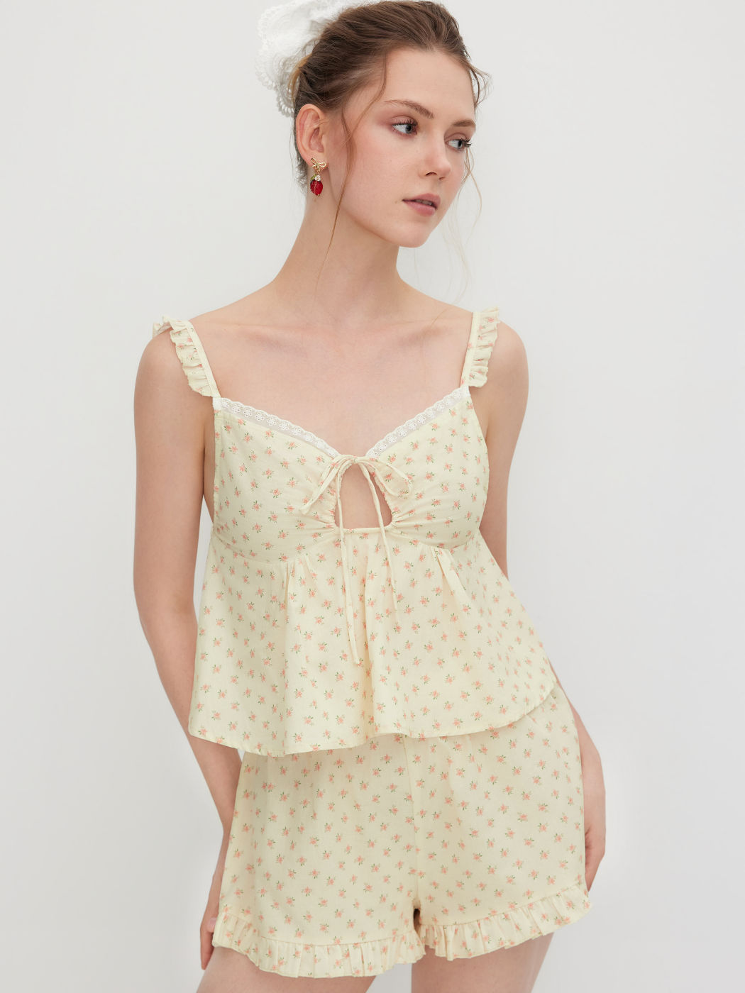 100% Cotton V-neck Floral Cut Out Knotted Lace Lettuce Trim Top & Mid Rise Shorts Loungewear Set