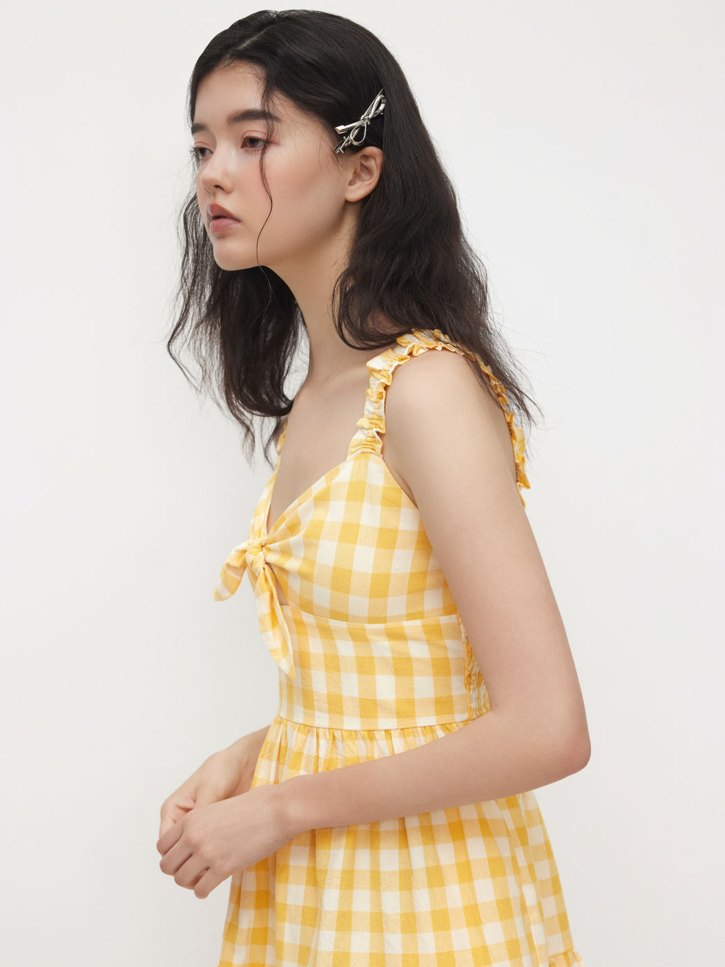 100% Cotton Gingham Sweetheart Neck Bowknot Cami Mini Dress
