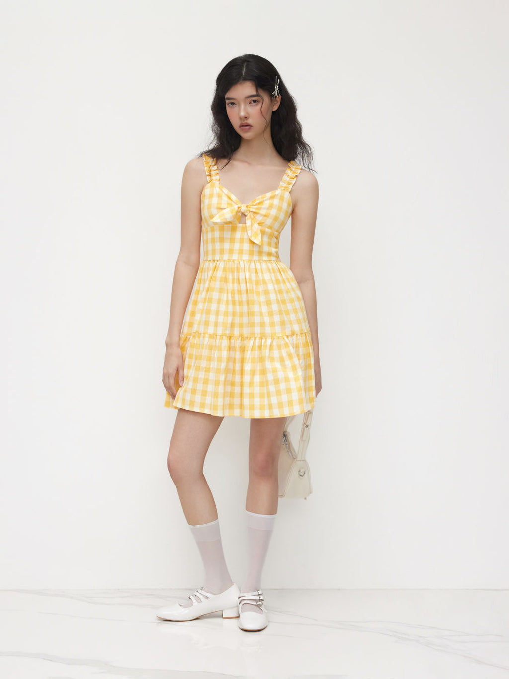 100% Cotton Gingham Sweetheart Neck Bowknot Cami Mini Dress