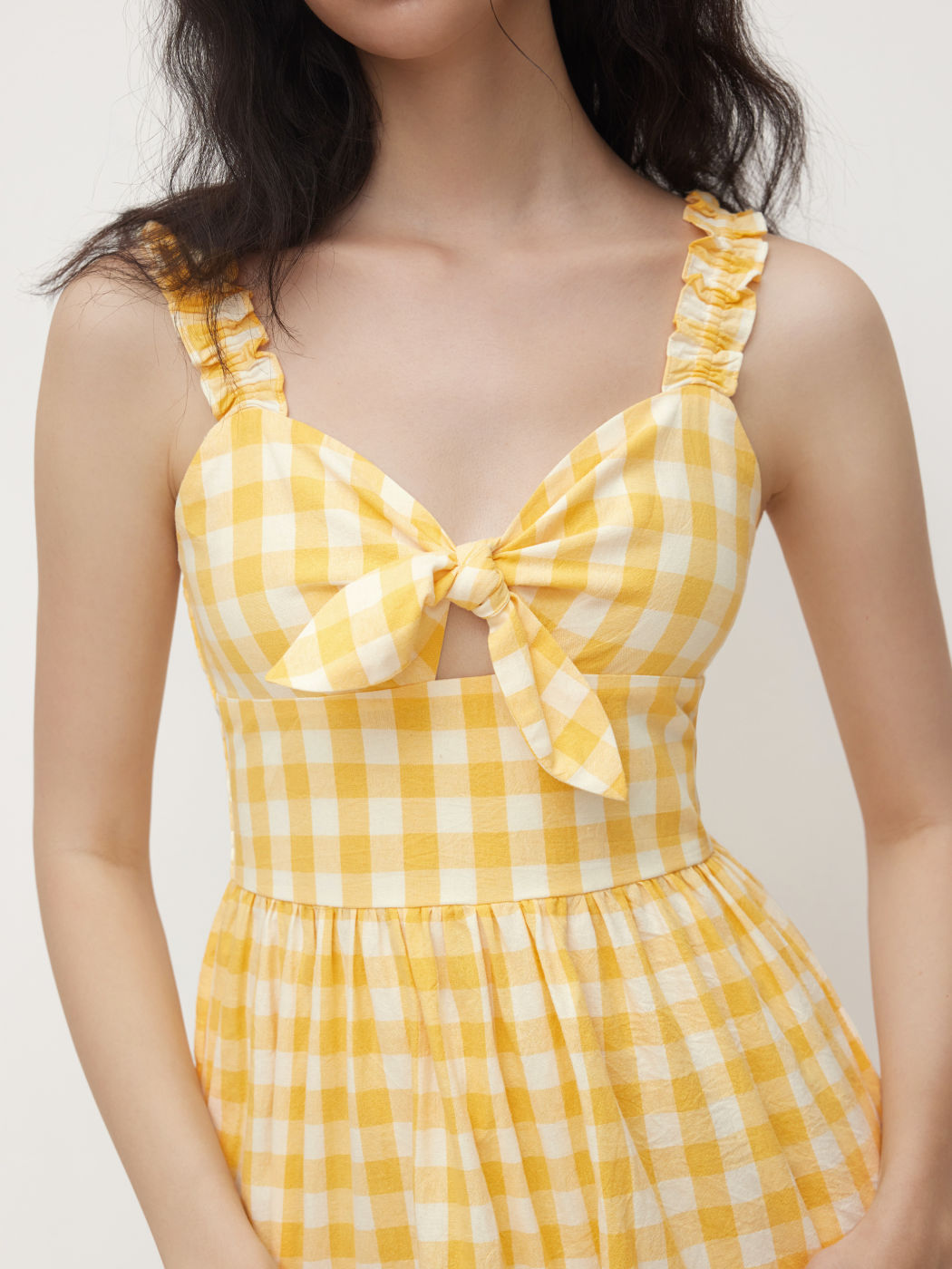100% Cotton Gingham Sweetheart Neck Bowknot Cami Mini Dress